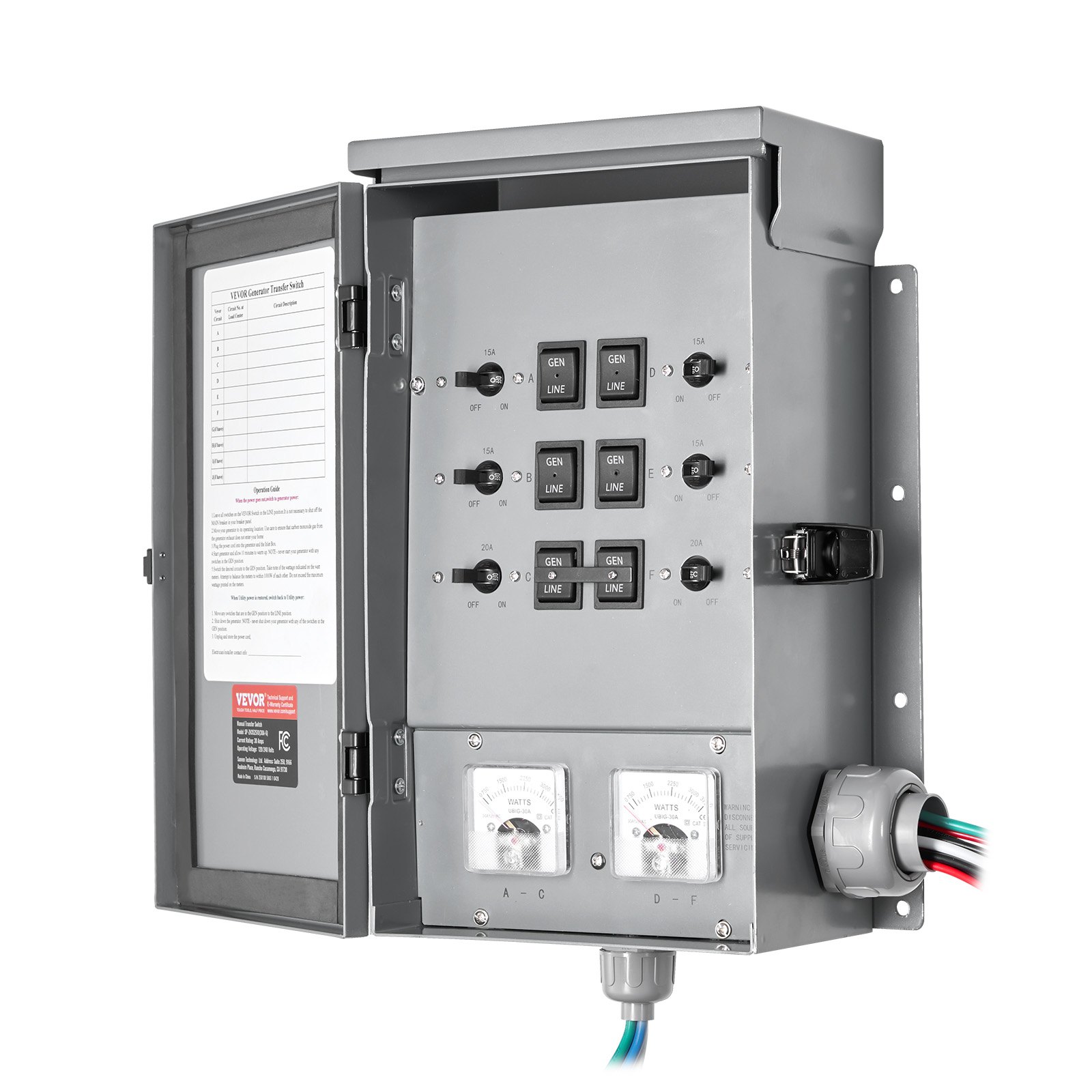VEVOR Manual Transfer Switch, 30-Amp 6-Circuit, Prewired Generator Transfer Switch Kit with NEMA L14-30P Power Inlet Box, Double-Throw Switch, NEMA 3R, Mechanical Watt Meter, for 7500W Generators