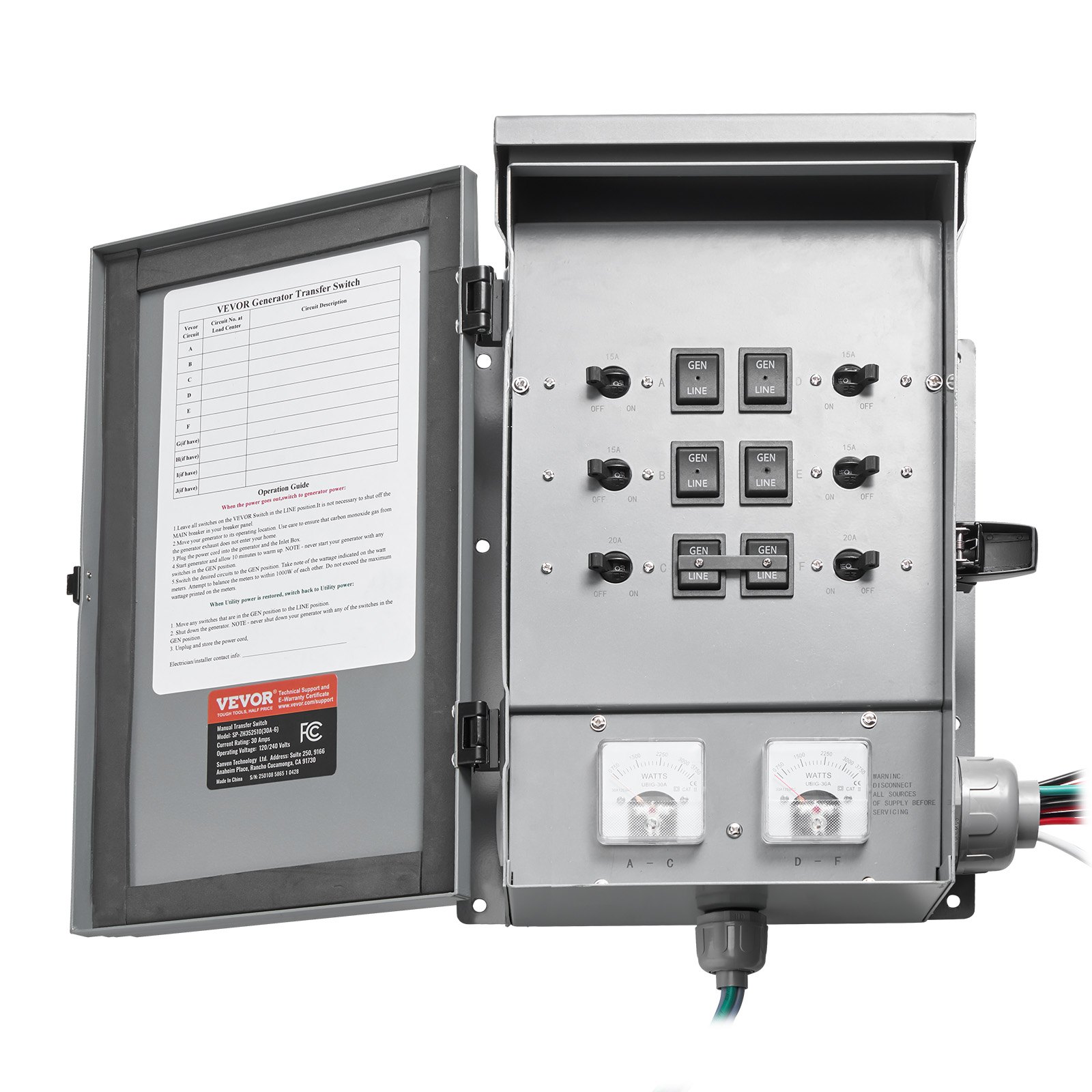 VEVOR Manual Transfer Switch, 30-Amp 6-Circuit, Prewired Generator Transfer Switch Kit with NEMA L14-30P Power Inlet Box, Double-Throw Switch, NEMA 3R, Mechanical Watt Meter, for 7500W Generators
