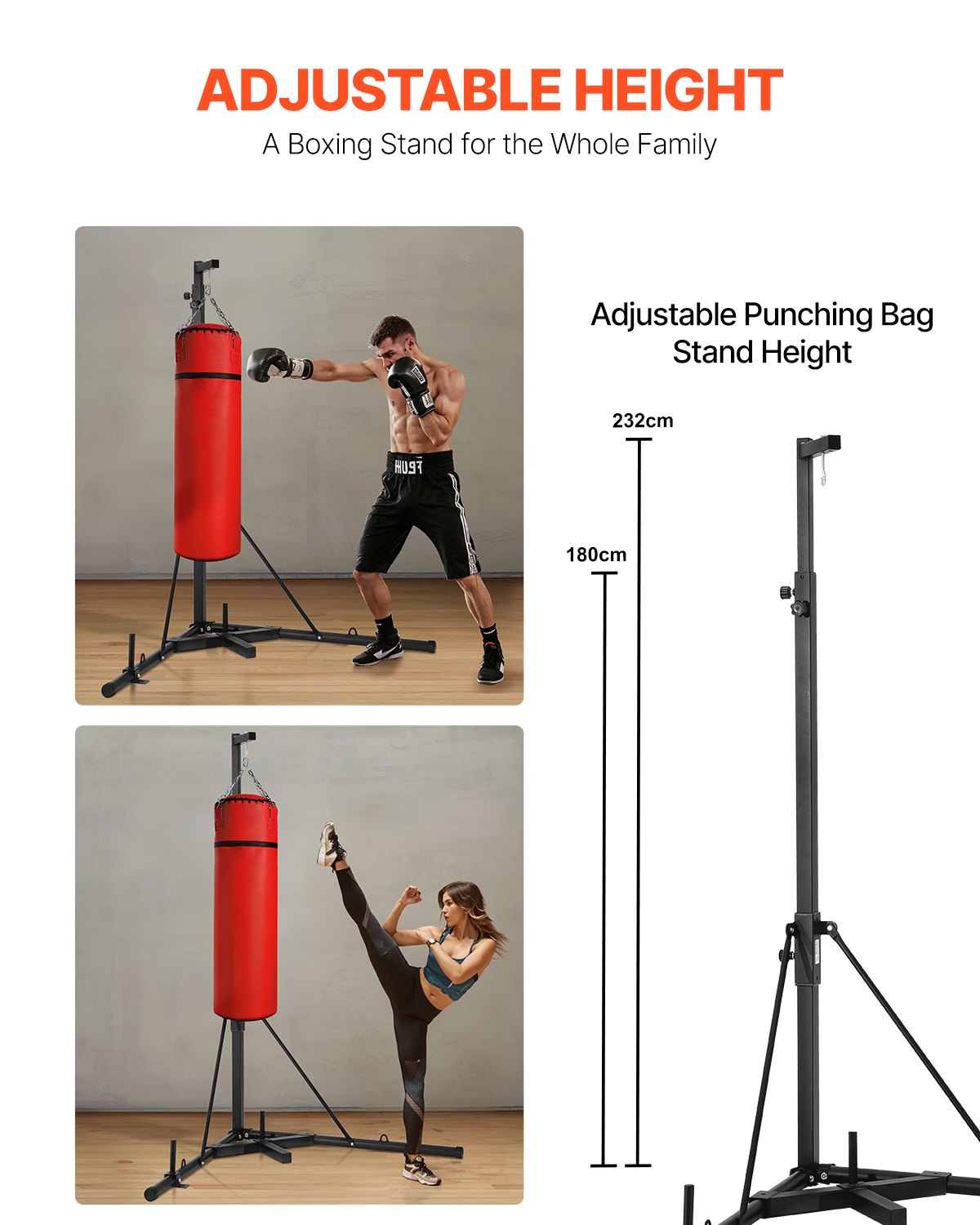 VEVOR Punching Bag Stand, Steel Heavy Duty Workout Training Equipment, Adjustable Height Boxing Punching Stand with Weighted Base, Holds Up to 140 lbs, Freestanding Sandbag Rack for Home Gym Fitness