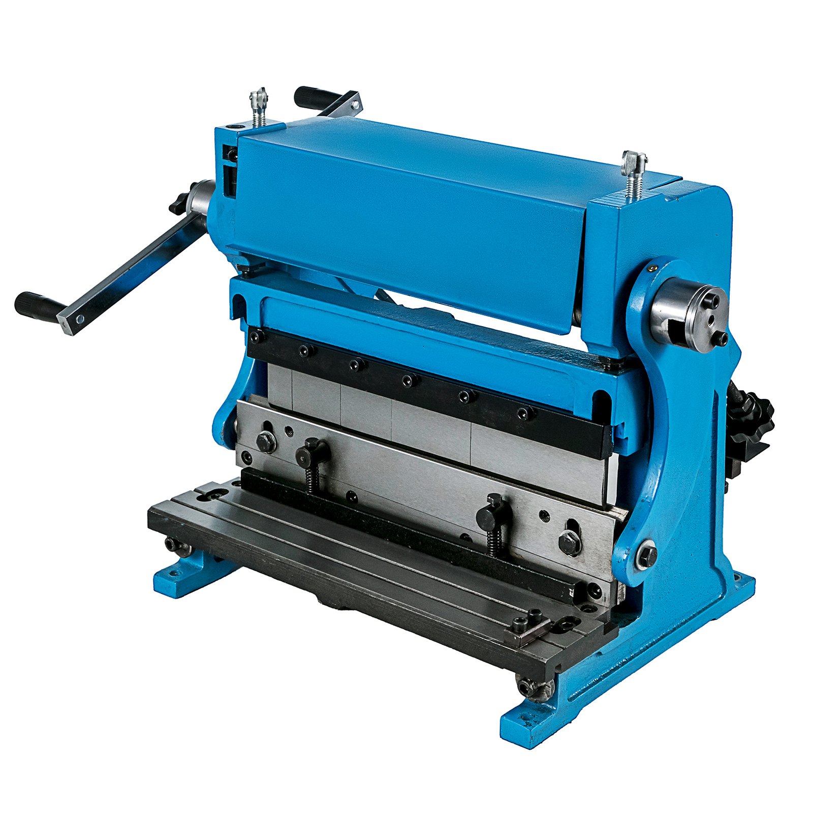 blue VEVOR sheet metal brake with adjustable handles and sturdy metal base.