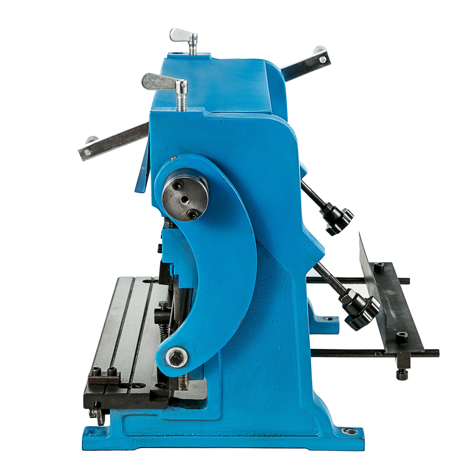 blue VEVOR sheet metal brake with side levers and manual adjustment components.