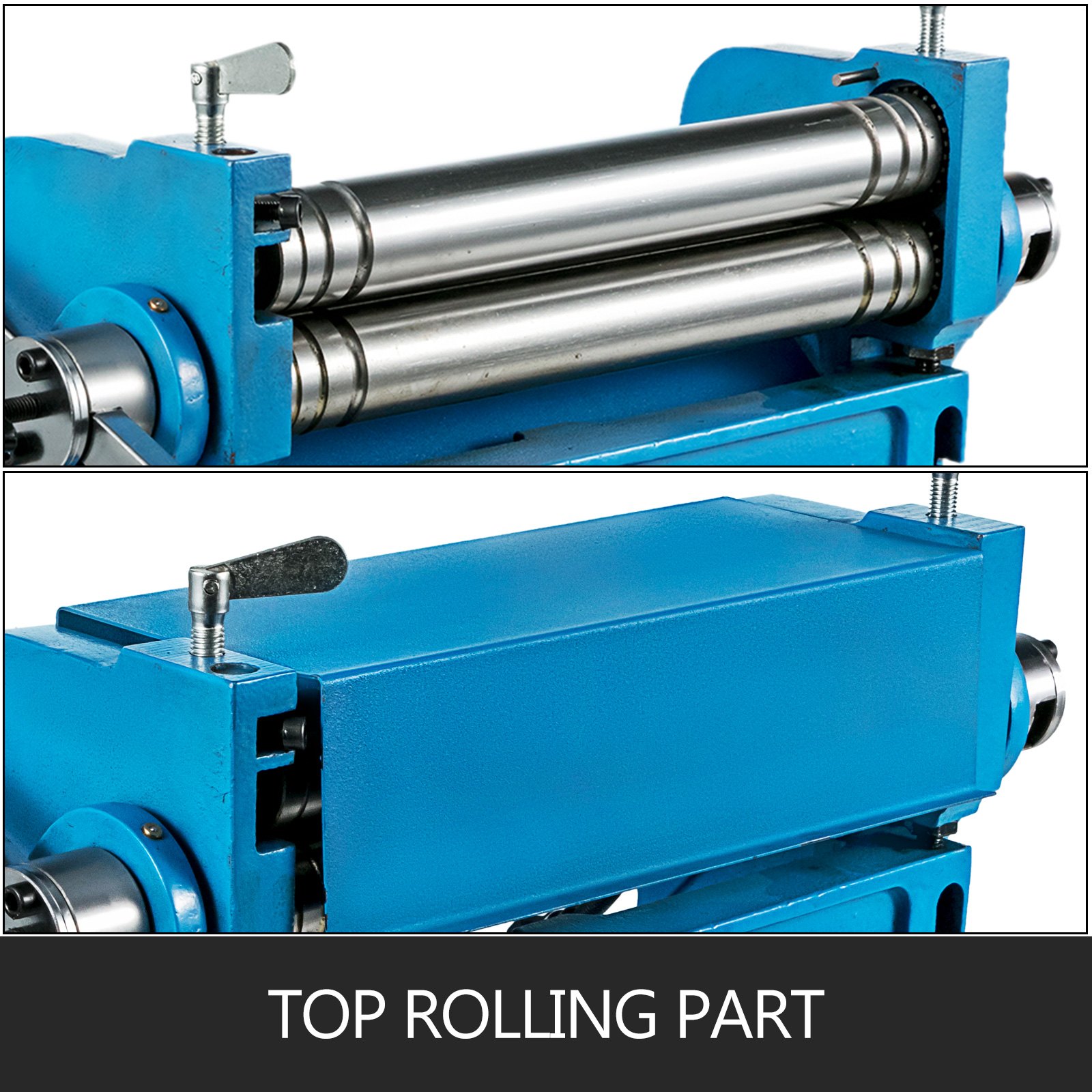 VEVOR sheet metal brake showcasing top rolling part with blue frame and metal rollers.