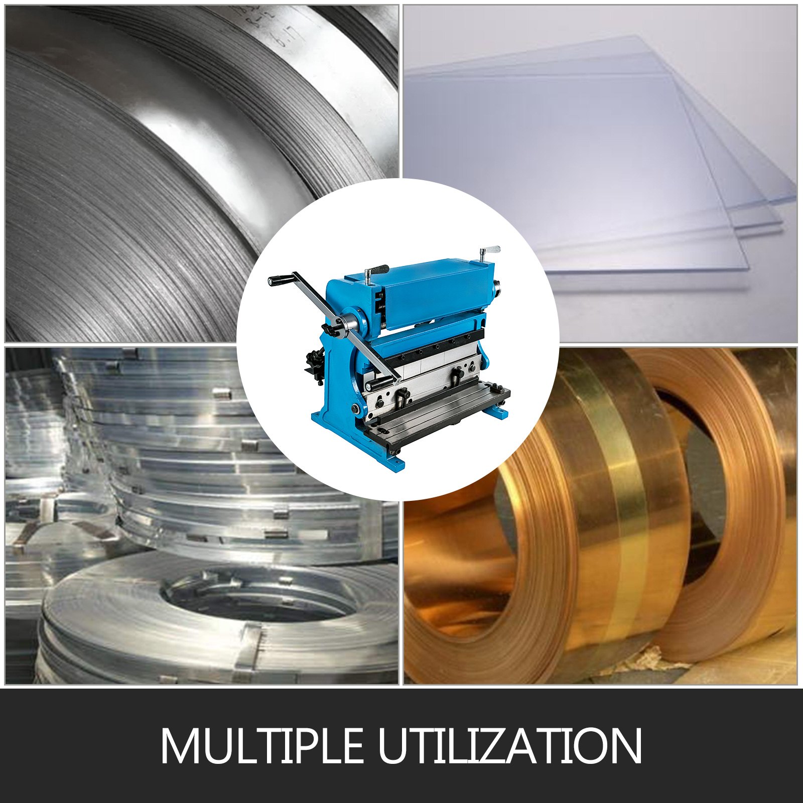 VEVOR sheet metal brake with metal sheets and rolls showcasing multiple utilization.