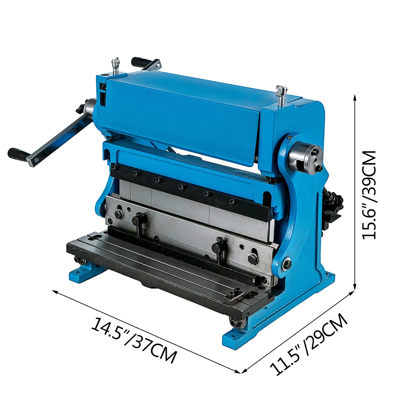 blue VEVOR sheet metal brake, 15.6&quot; x 11.5&quot; x 14.5&quot;, with hand crank and measurements.