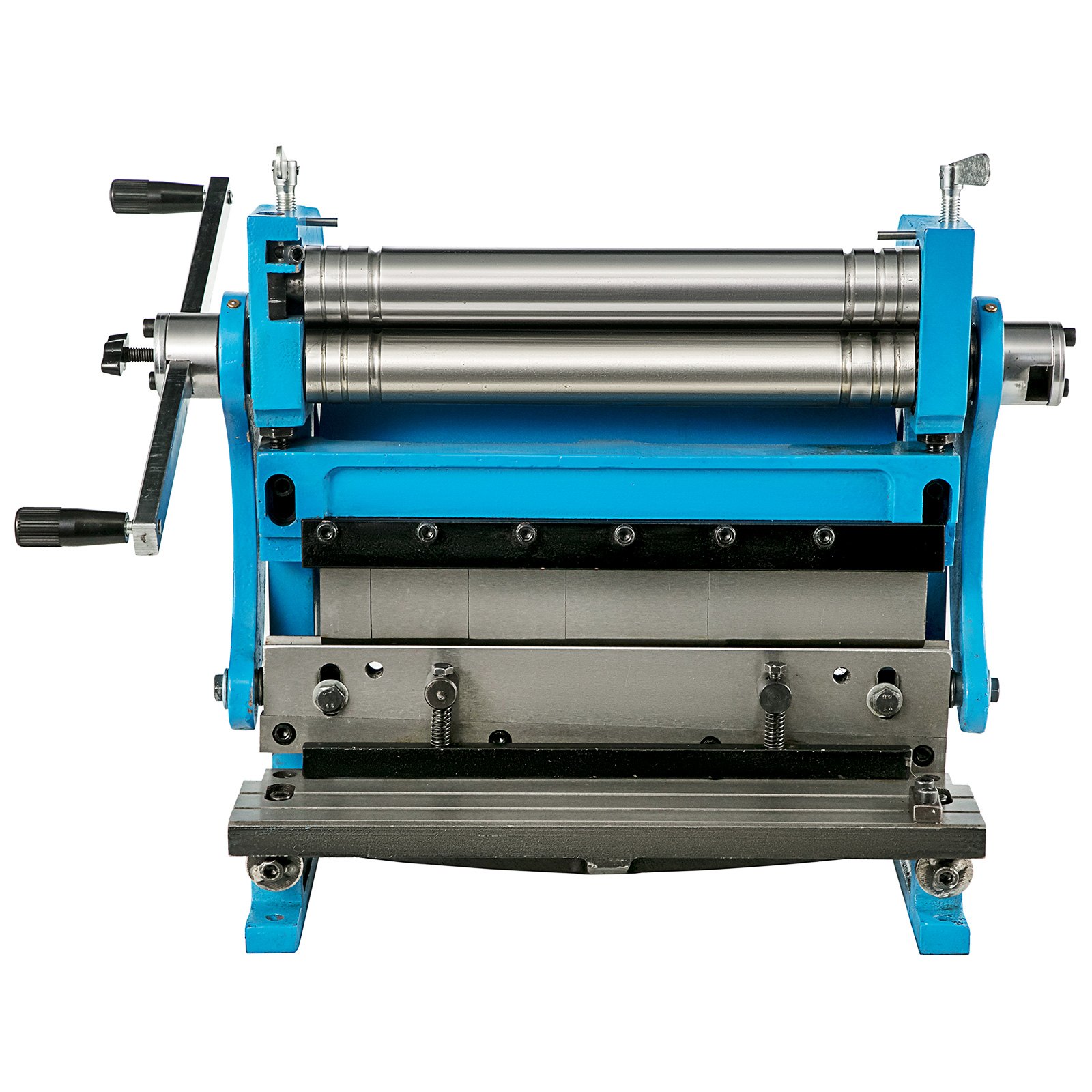 VEVOR sheet metal brake with hand cranks and blue frame for precision bending tasks.
