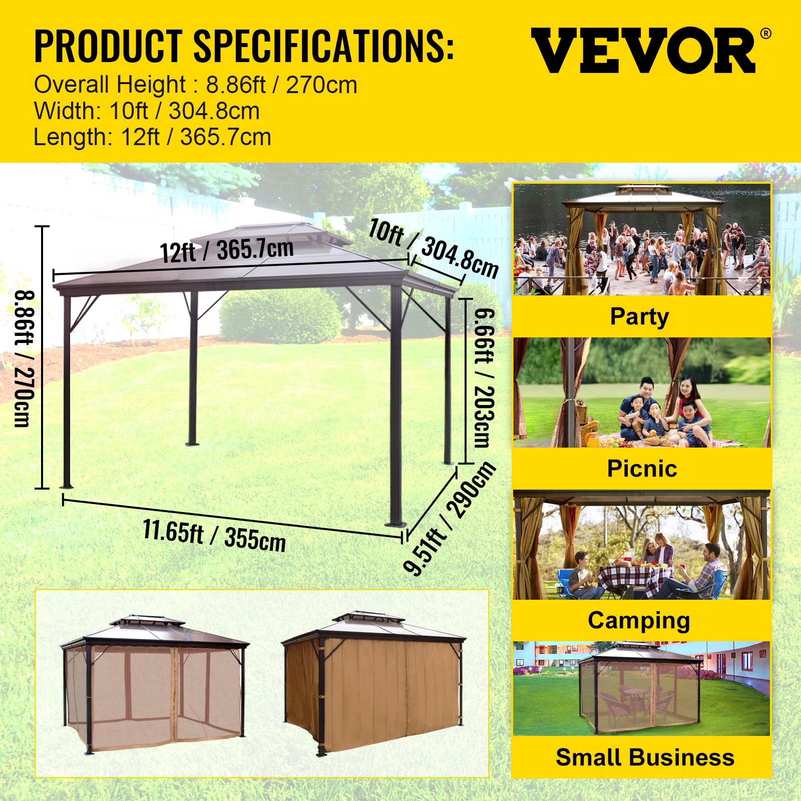 VEVOR hardtop gazebo dimensions: 8.86ft height, 10ft width, 12ft length; ideal for events.