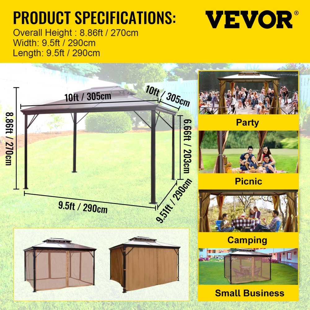 VEVOR Hardtop Gazebo 10\' x 10\' with Netting - Metal Gazebo Aluminum Permanent Double Tier Roof- Gazebos for Patios, Backyard, Outdoor and Lawn