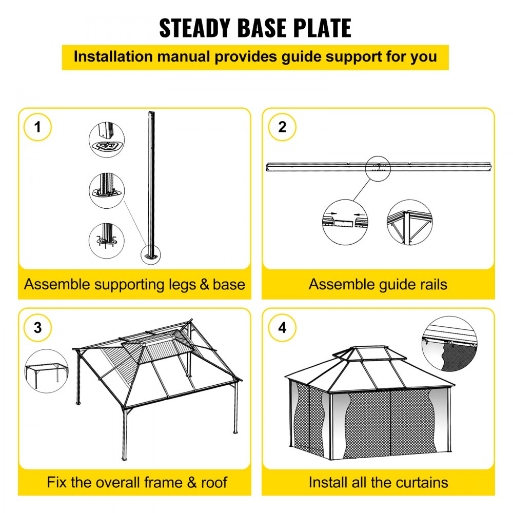 VEVOR hardtop gazebo assembly steps: legs, guide rails, frame, curtains installation.