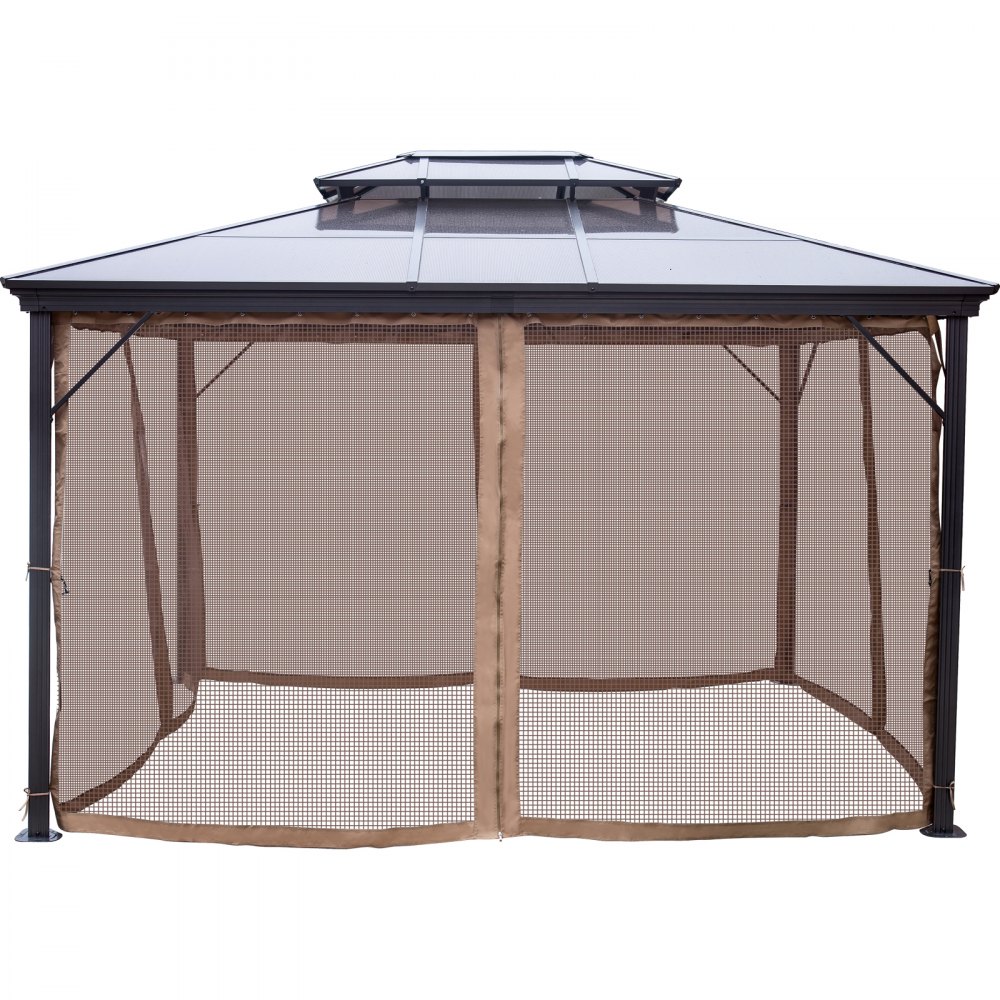 VEVOR Patio Gazebo 10x10ft Hardtop Gazebo Gazebo med myggnetting Utendørs Gazebo Terrassetelt Hage Vinder Erstatning Baldakin Dobbeltlags tak Baldakin Lysthus For Uteplasser Hage Hjem Plen Brun