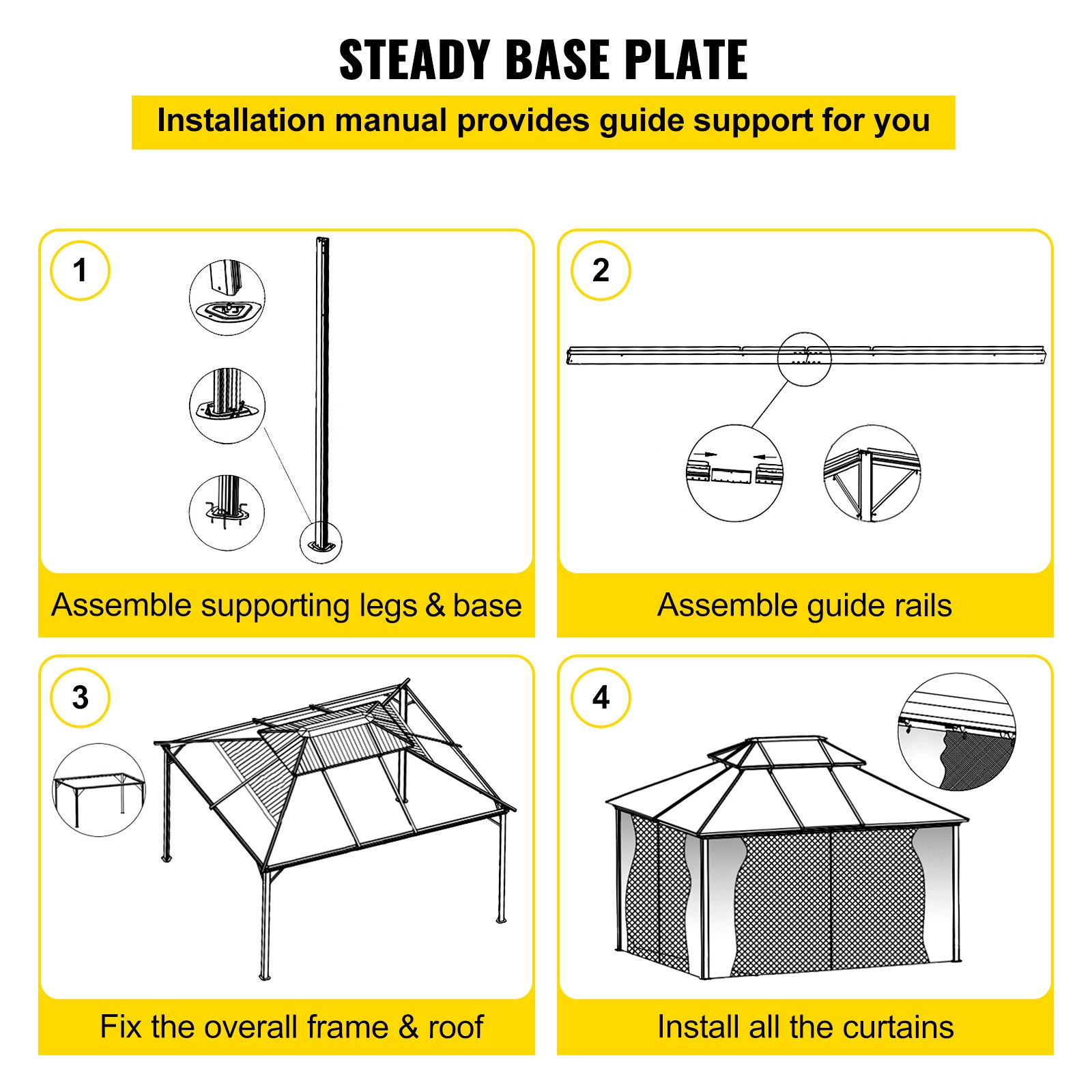 VEVOR hardtop gazebo assembly steps: legs, guide rails, frame, curtains installation.