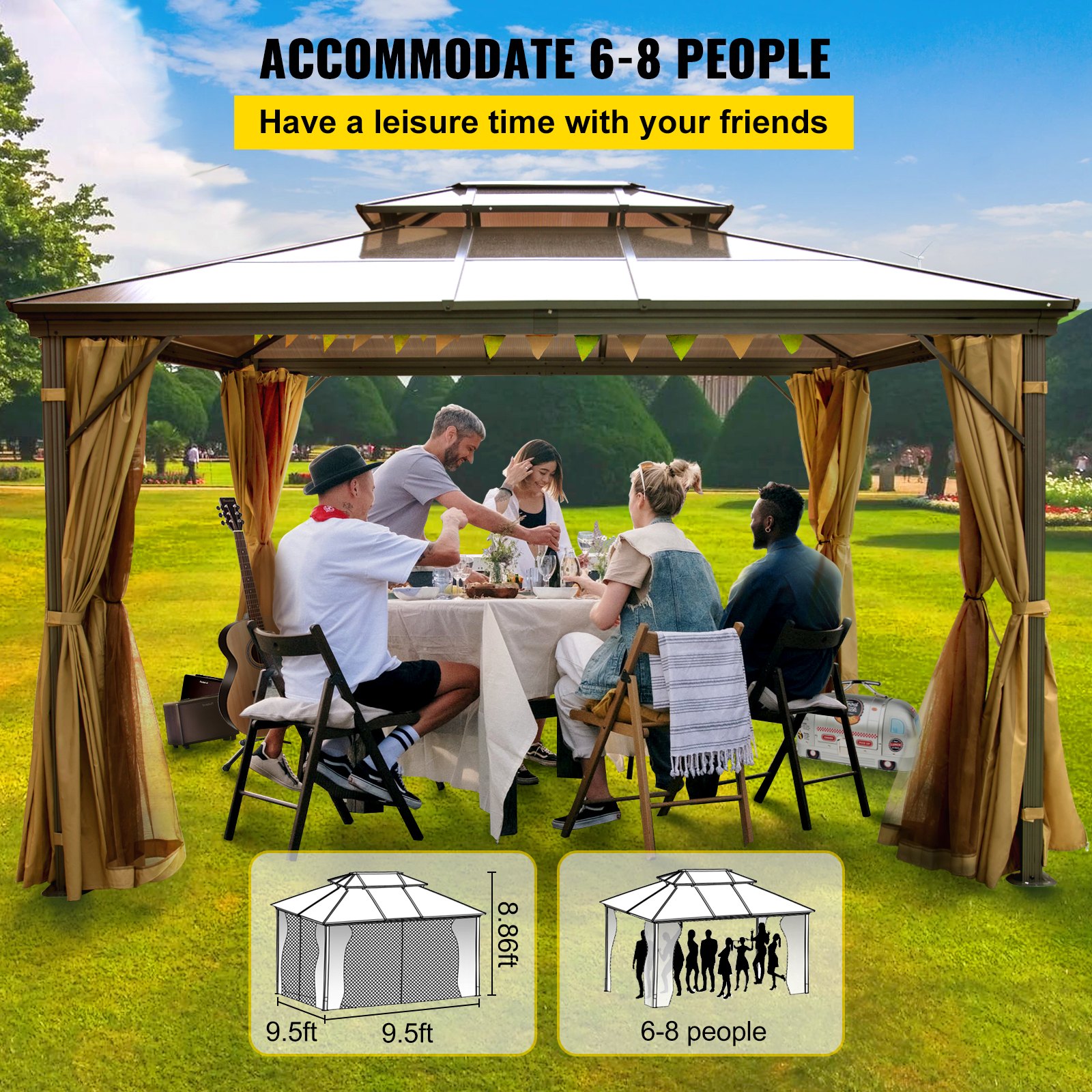 VEVOR Patio Gazebo 10x10ft Hardtop Gazebo Gazebo med myggnetting Utendørs Gazebo Terrassetelt Hage Vinder Erstatning Baldakin Dobbeltlags tak Baldakin Lysthus For Uteplasser Hage Hjem Plen Brun