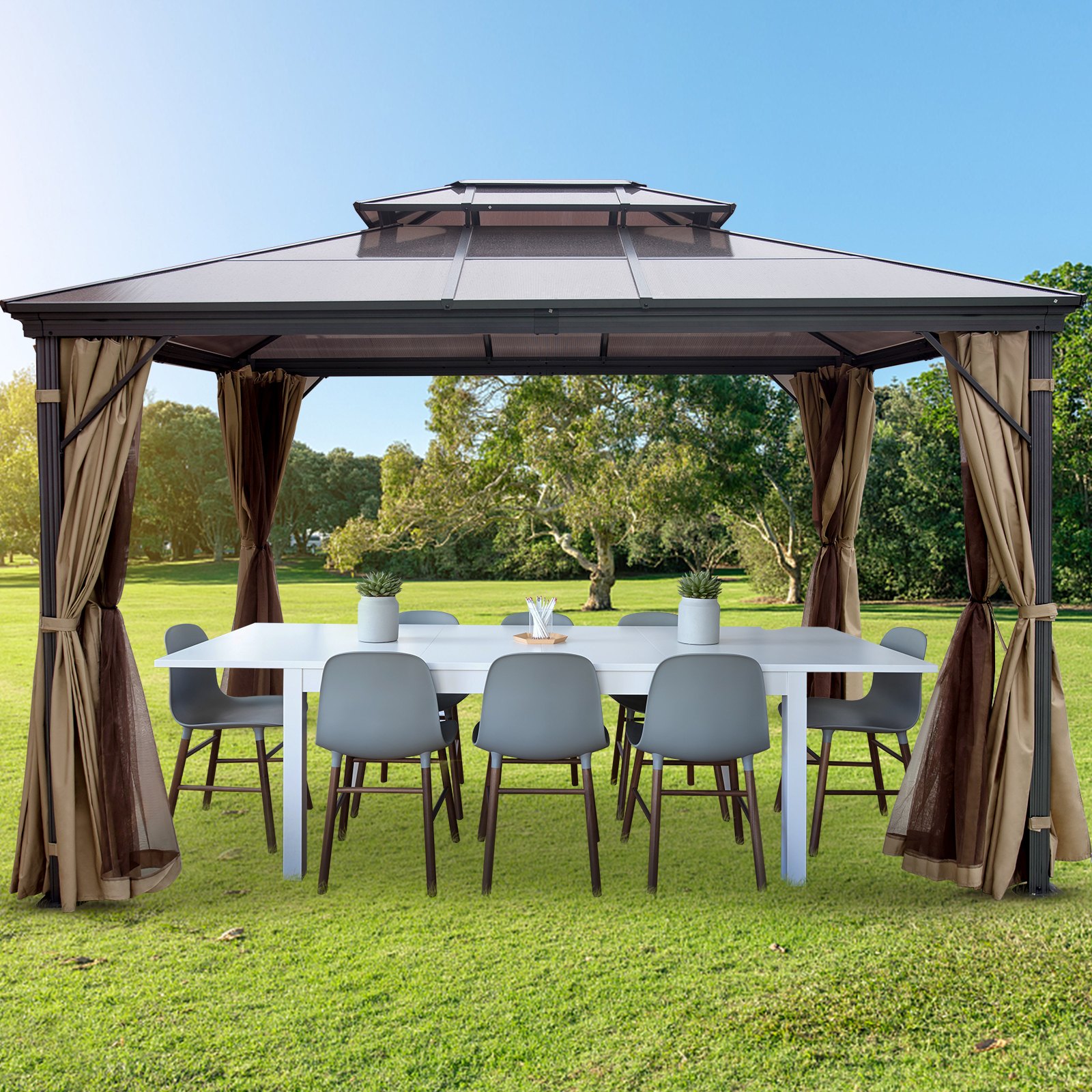VEVOR Patio Gazebo 10x10ft Hardtop Gazebo Gazebo med myggnetting Utendørs Gazebo Terrassetelt Hage Vinder Erstatning Baldakin Dobbeltlags tak Baldakin Lysthus For Uteplasser Hage Hjem Plen Brun