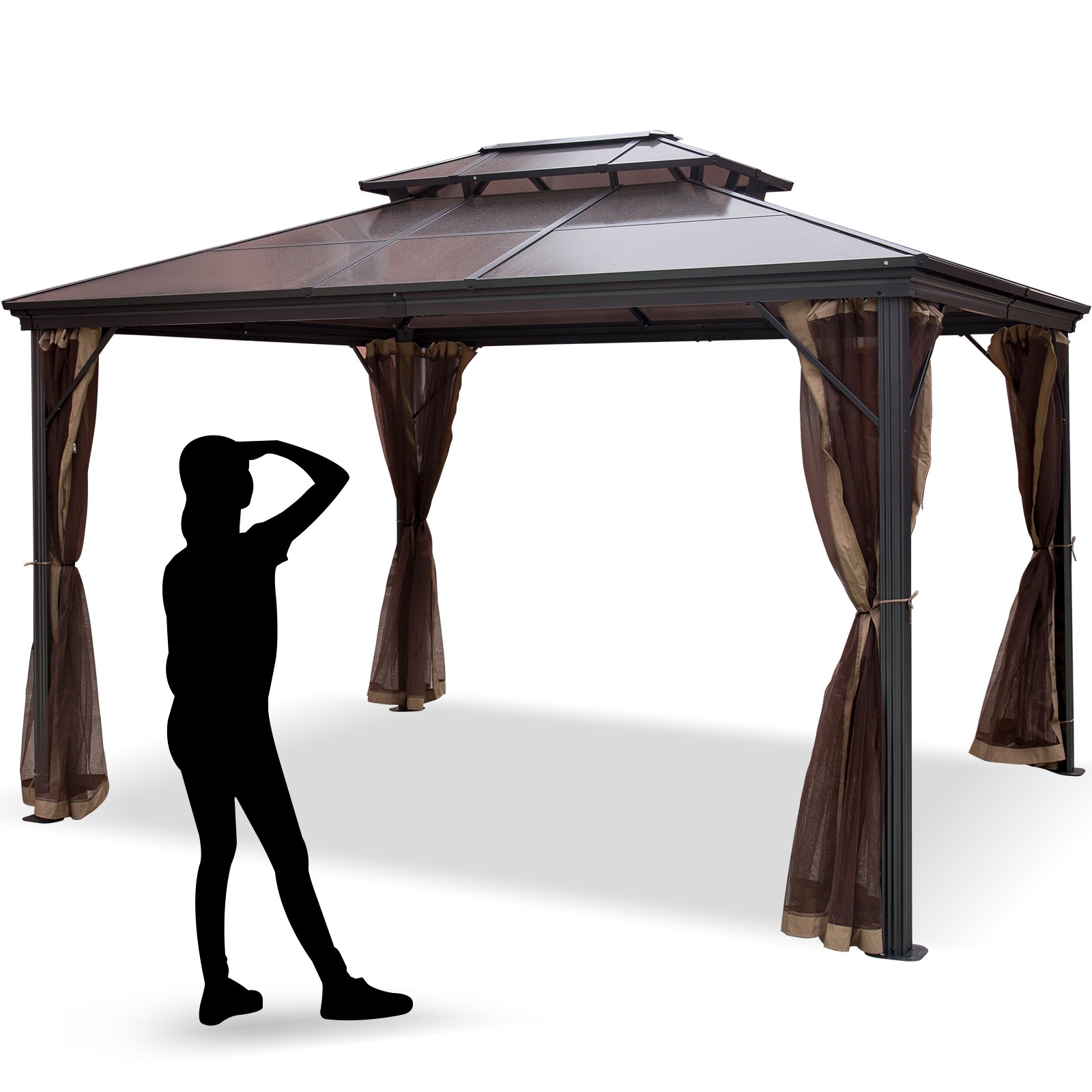 VEVOR Patio Gazebo 10x10ft Hardtop Gazebo Gazebo med myggnetting Utendørs Gazebo Terrassetelt Hage Vinder Erstatning Baldakin Dobbeltlags tak Baldakin Lysthus For Uteplasser Hage Hjem Plen Brun