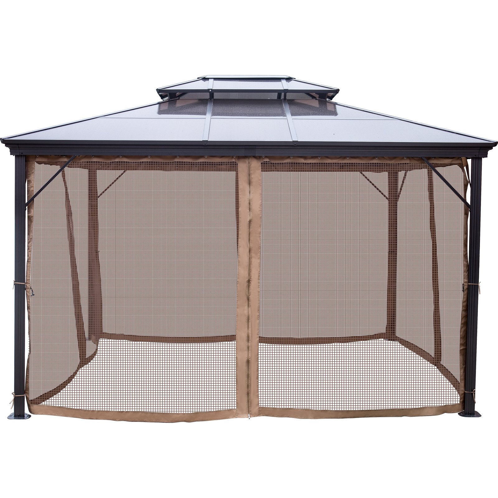 VEVOR Patio Gazebo 10x10ft Hardtop Gazebo Gazebo med myggnetting Utendørs Gazebo Terrassetelt Hage Vinder Erstatning Baldakin Dobbeltlags tak Baldakin Lysthus For Uteplasser Hage Hjem Plen Brun