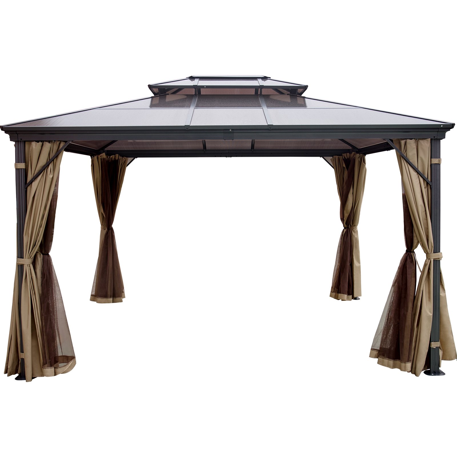VEVOR Patio Gazebo 10x10ft Hardtop Gazebo Gazebo med myggnetting Utendørs Gazebo Terrassetelt Hage Vinder Erstatning Baldakin Dobbeltlags tak Baldakin Lysthus For Uteplasser Hage Hjem Plen Brun