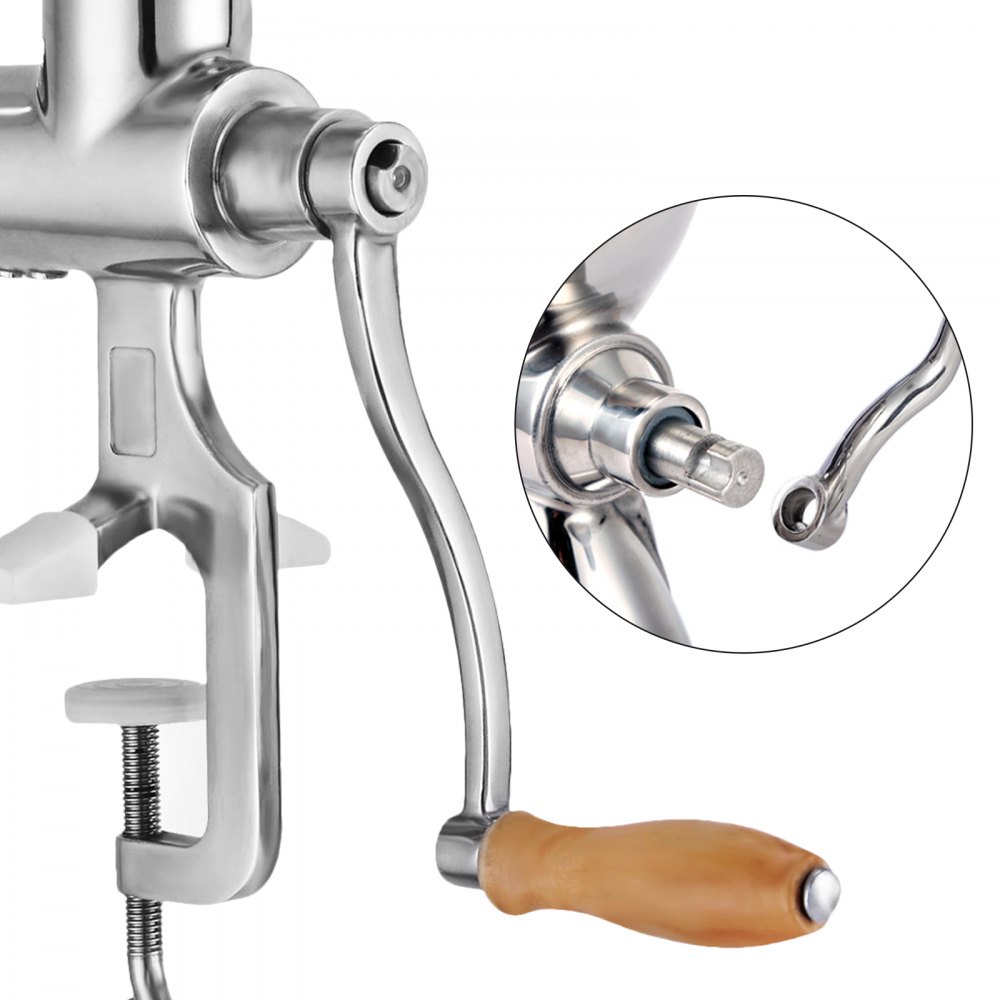 VEVOR wheatgrass juicer stainless steel handle and clamp, detail inset of juicing mechanism.