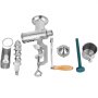 VEVOR wheatgrass juicer components laid out, including handle, auger, and metal cup.