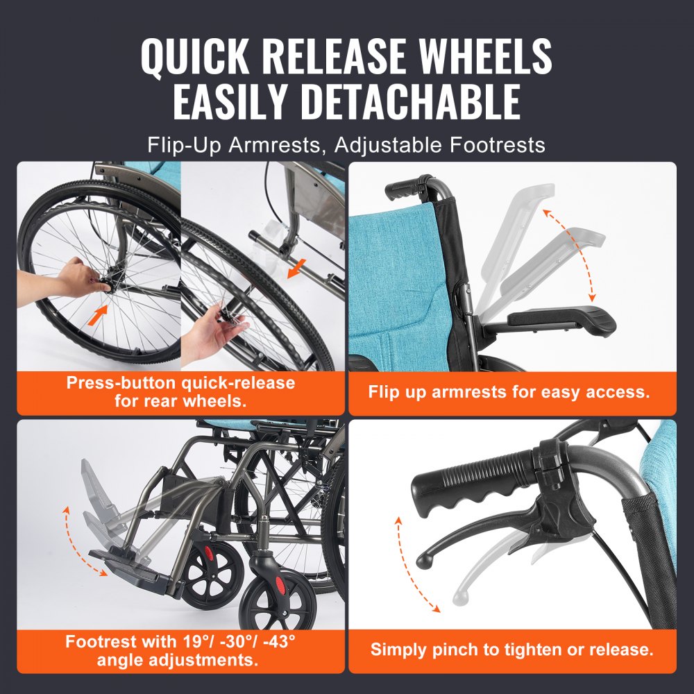 VEVOR Wheelchair, Durable Aluminum Alloy Ultra-Lightweight Wheelchairs, Portable Wheelchair with Flip-Back Desk-Length Arms, 3-Position Adjustable Footrests, 18-Inch Wide Seat, 250lbs Weight Capacity