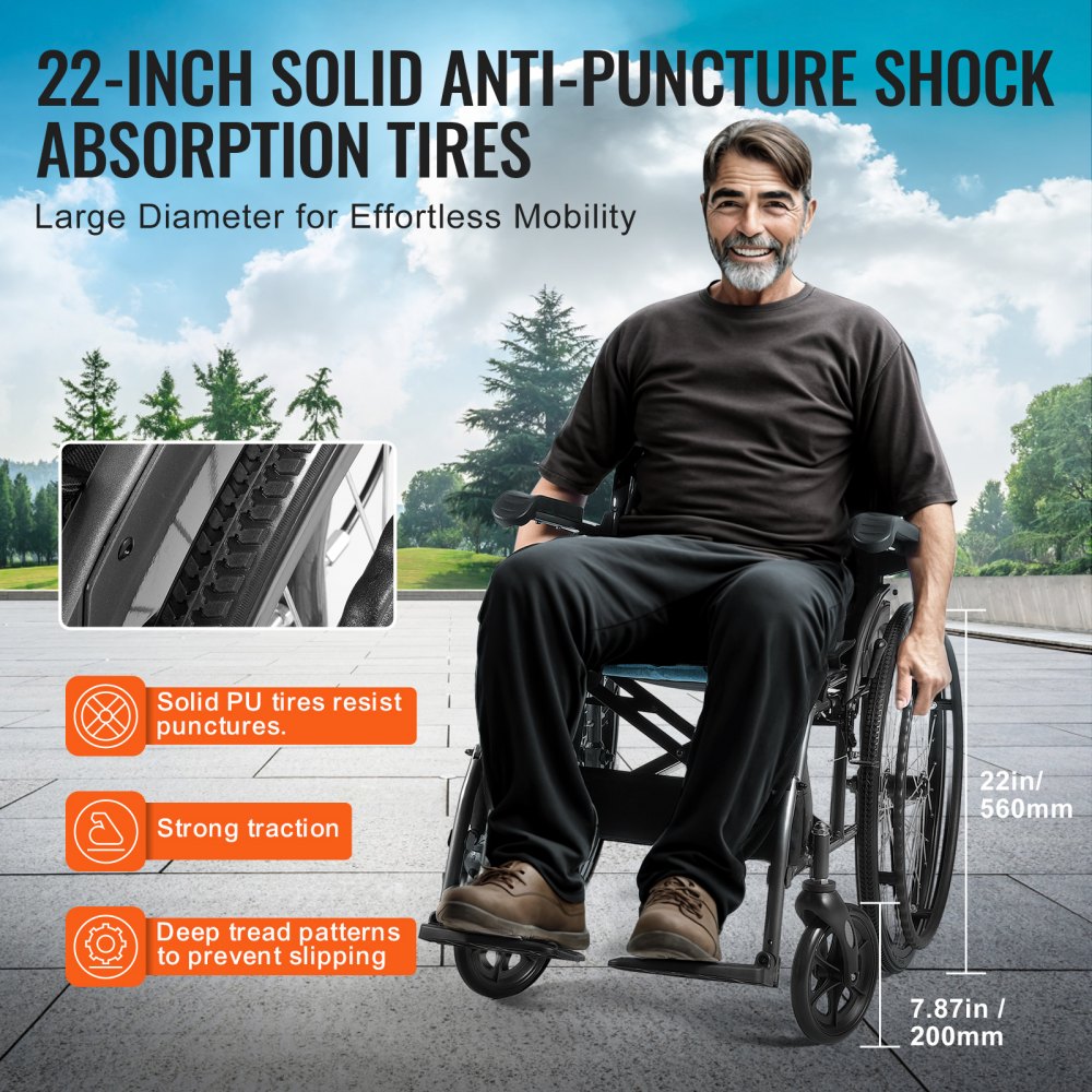 VEVOR Wheelchair, Durable Aluminum Alloy Ultra-Lightweight Wheelchairs, Portable Wheelchair with Flip-Back Desk-Length Arms, 3-Position Adjustable Footrests, 18-Inch Wide Seat, 250lbs Weight Capacity