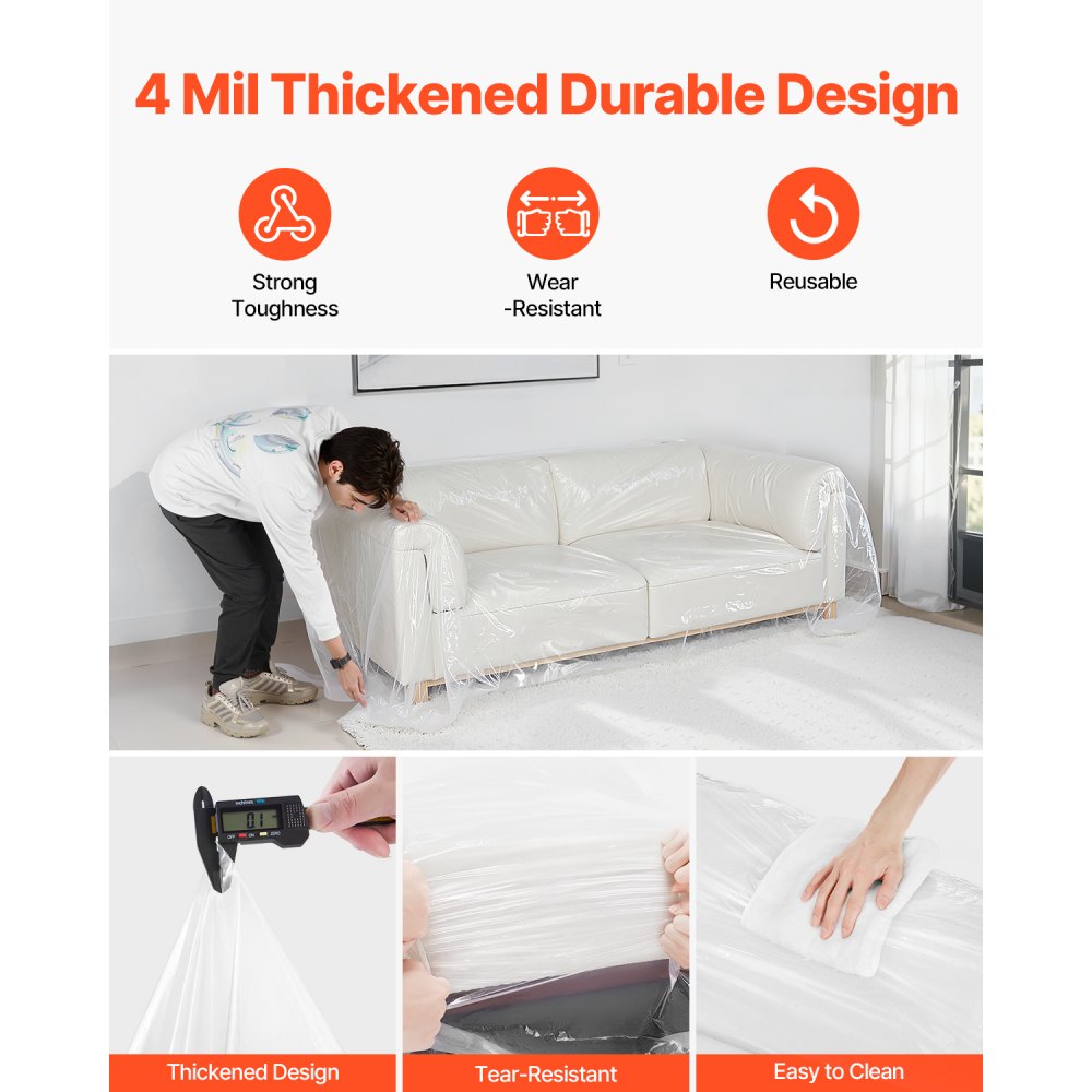 Funda de sofá de plástico VEVOR, 4 milésimas de grosor, funda de sofá transparente resistente con diseño de apertura amplia, resistente al desgaste e impermeable, 233 x 157 x 107 cm
