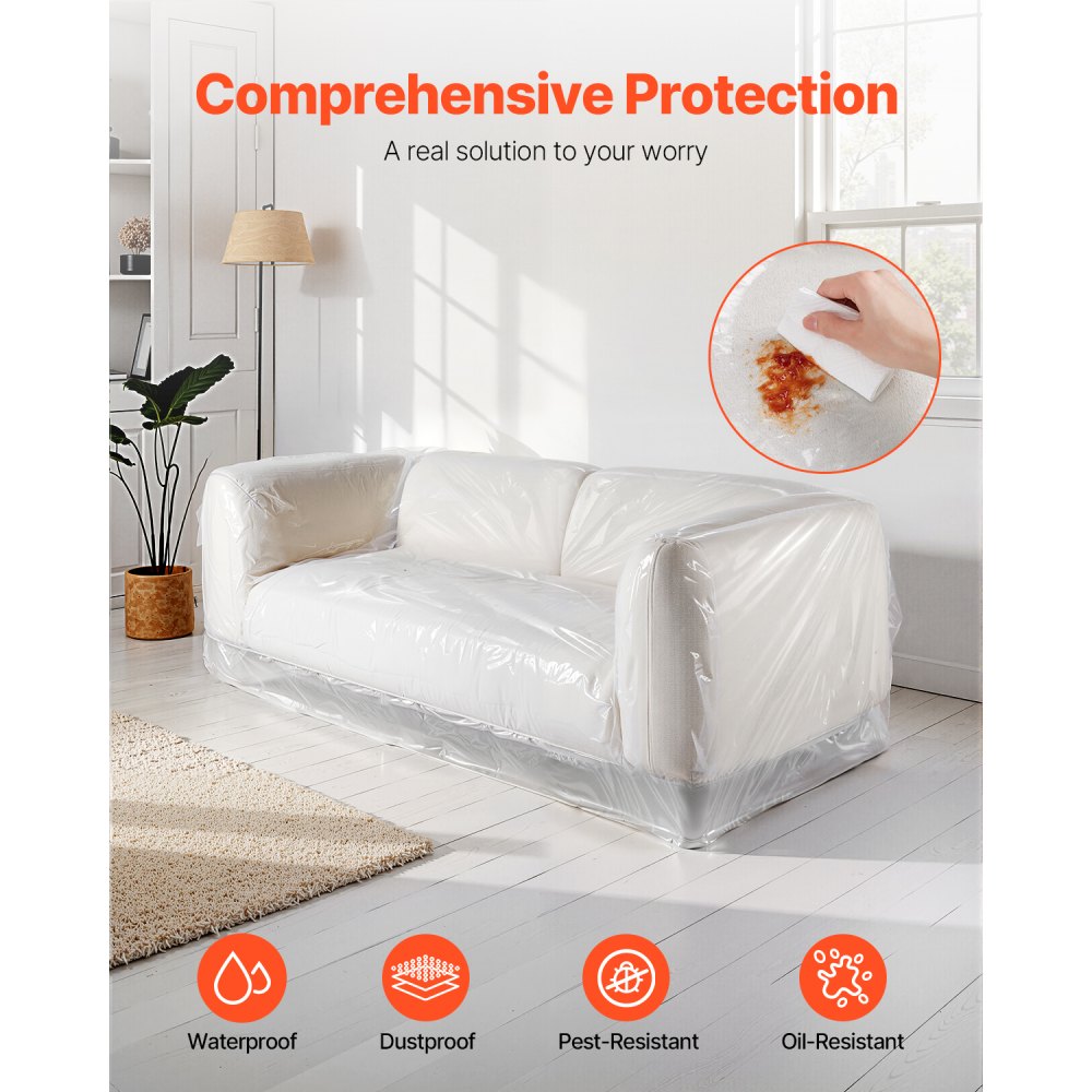 Funda de sofá de plástico VEVOR, 4 milésimas de grosor, funda de sofá transparente resistente con diseño de apertura amplia, resistente al desgaste e impermeable, 233 x 157 x 107 cm