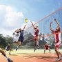 outdoor volleyball match with vibrant VEVOR 4-way volleyball net, clear blue sky, and energetic players.