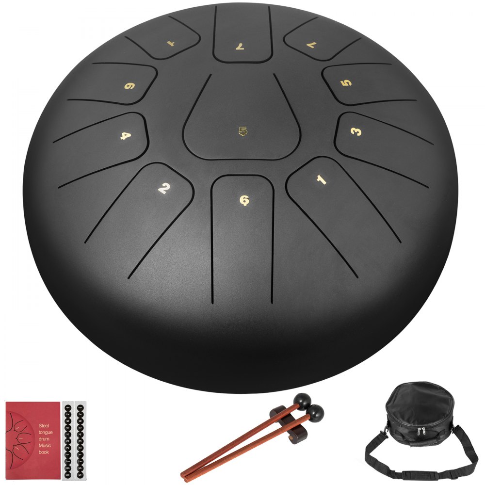VEVOR Steel Tongue Drum 11 Tones, Handpan Drum 10 Inch, Tongue Drums for Kids & Adults Black Tank Drum with Drum Bag, Tone Sticker, Music Book and Two Mallets, Steel Tongue Percussion Drum