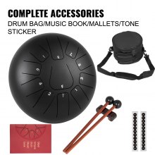 VEVOR Steel Tongue Drum 11 Tones, Handpan Drum 10 Inch, Tongue Drums for Kids & Adults Black Tank Drum with Drum Bag, Tone Sticker, Music Book and Two Mallets, Steel Tongue Percussion Drum