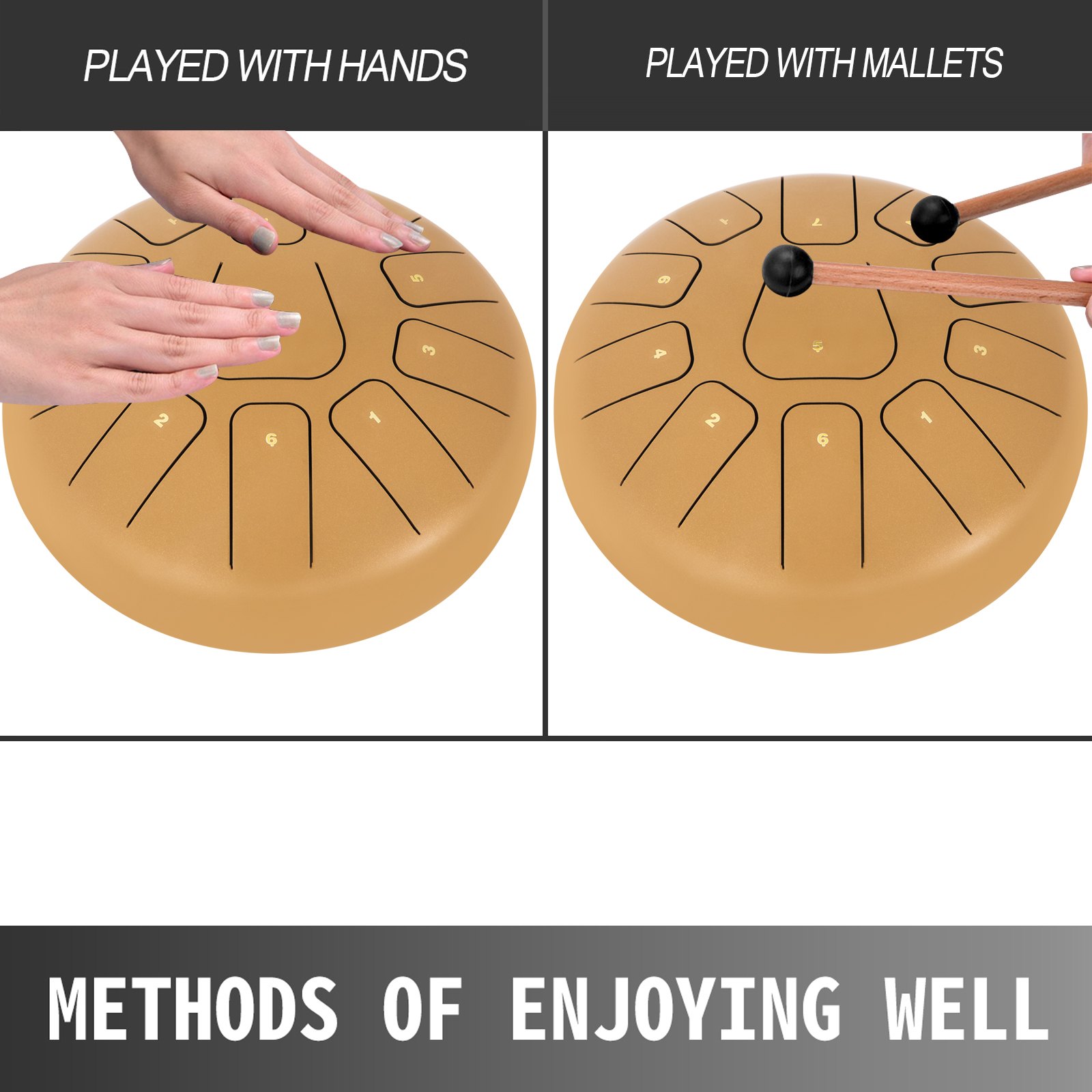 Steel Tongue Drum 10" 11 Notes Percussion Instrument W/bag Mallets Finger Picks