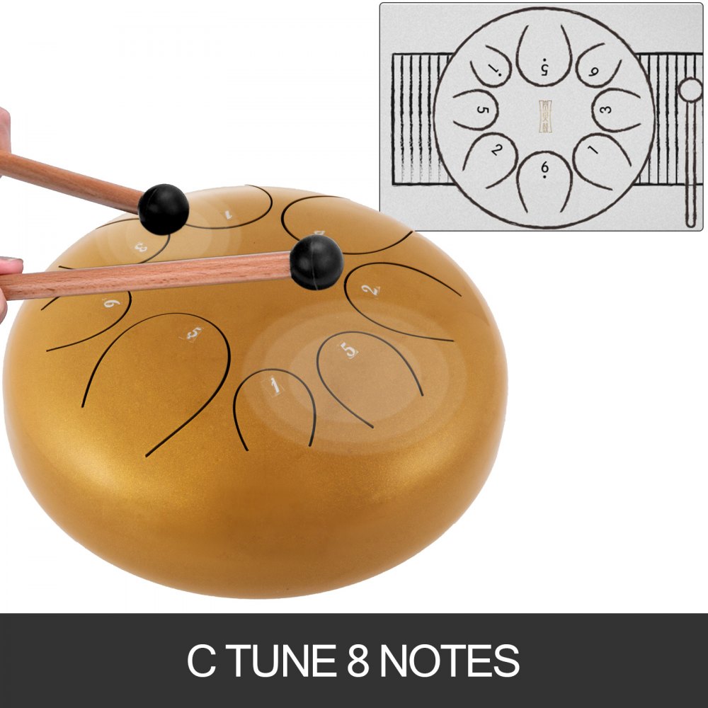 Tambor de lengua de acero VEVOR - 8 notas 10 pulgadas - Instrumento de percusión - Tambor manual con bolsa, libro, mazos, púas para los dedos (dorado)