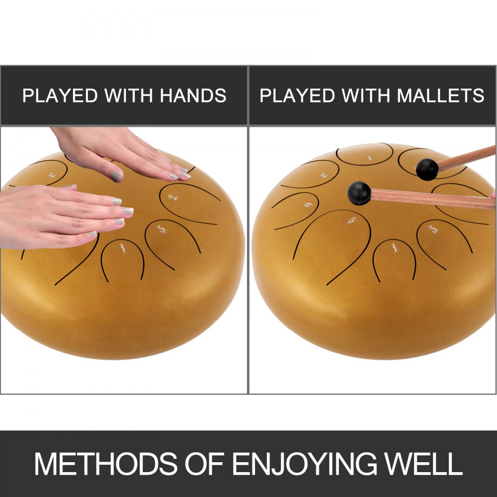 Tambor de lengua de acero VEVOR - 8 notas 10 pulgadas - Instrumento de percusión - Tambor manual con bolsa, libro, mazos, púas para los dedos (dorado)