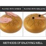 Tambor de lengua de acero VEVOR - 8 notas 10 pulgadas - Instrumento de percusión - Tambor manual con bolsa, libro, mazos, púas para los dedos (dorado)