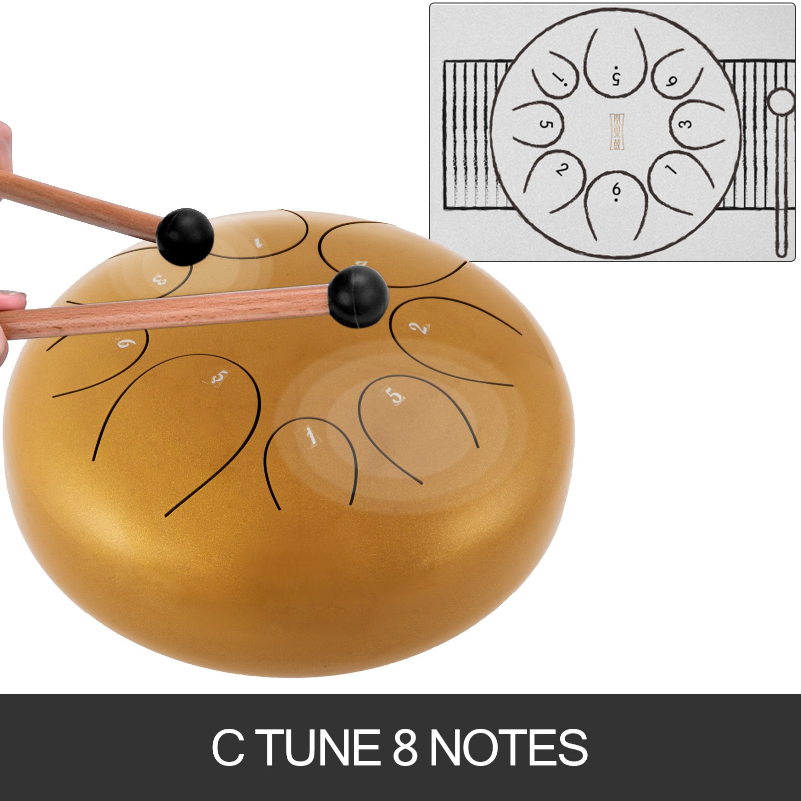 Steel Tongue Drum 8 Notes 10 inches Percussion Instrument with Bag, Book, Mallets