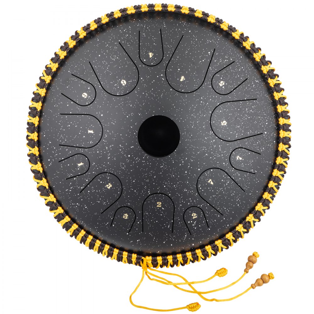 Tongue Drum 14 Notes Dish Shape Drum 14.9 Inches Dia. With Rope Decoration Black