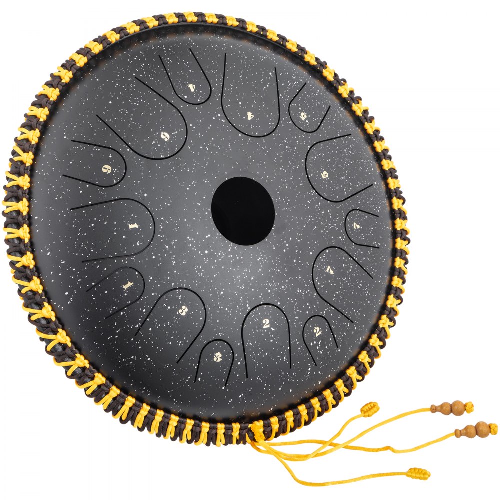 Tongue Drum 14 Notes Dish Shape Drum 14.9 Inches Dia. With Rope Decoration Black