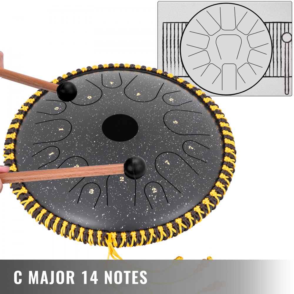 Tongue Drum 14 Notes Dish Shape Drum 14.9 Inches Dia. With Rope Decoration Black