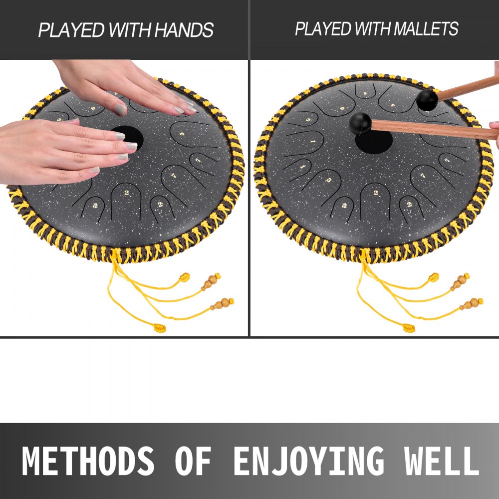 Tongue Drum 14 Notes Dish Shape Drum 14.9 Inches Dia. With Rope Decoration Black