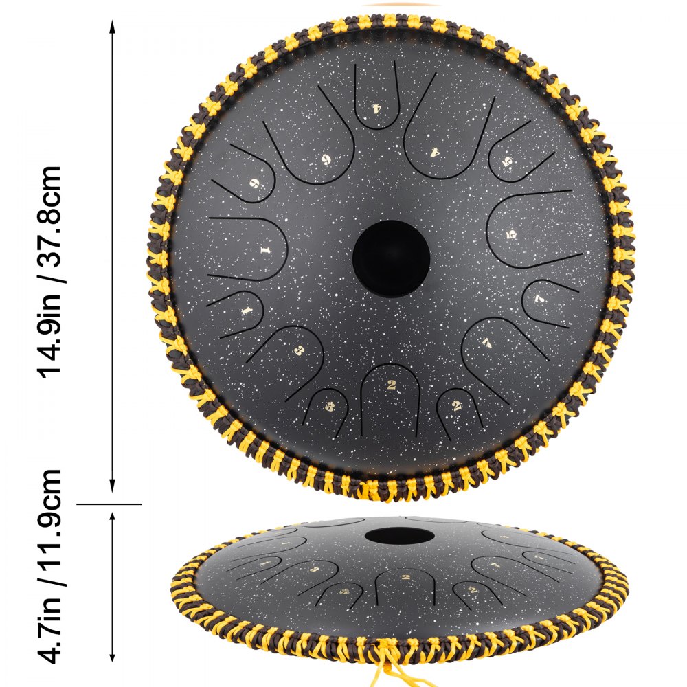 Tongue Drum 14 Notes Dish Shape Drum 14.9 Inches Dia. With Rope Decoration Black