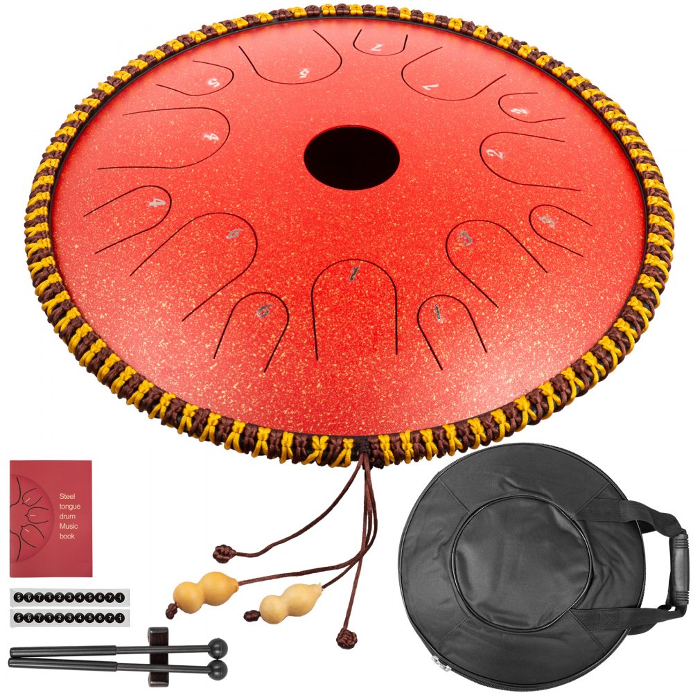 Tongue Drum 14 Notes Dish Shape Drum 14.9 Inches Dia. With Rope Decoration Red