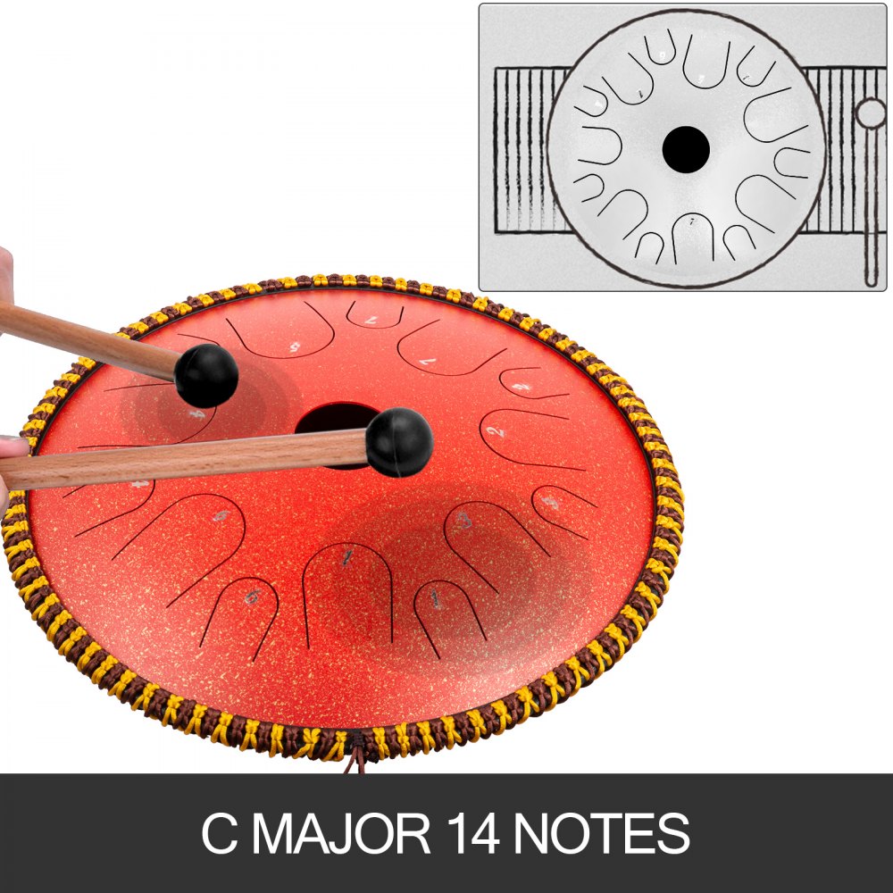 Tongue Drum 14 Notes Dish Shape Drum 14.9 Inches Dia. With Rope Decoration Red
