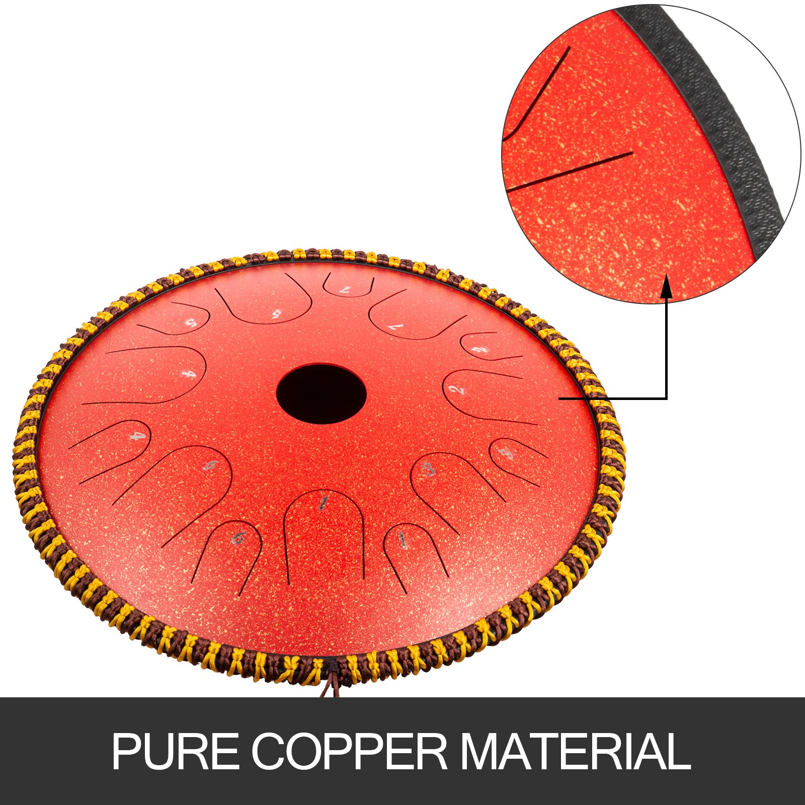 Tongue Drum 14 Notes Dish Shape Drum 14.9 Inches Dia. With Rope Decoration Red