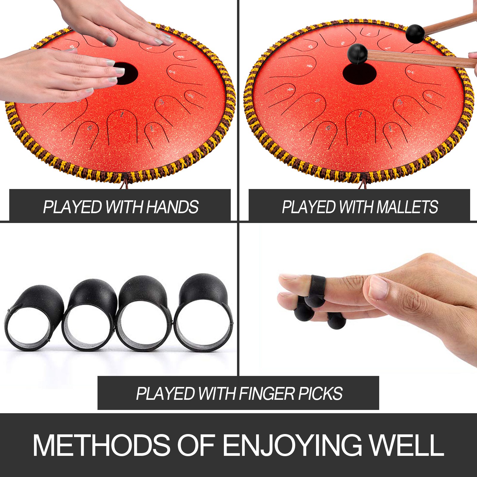 Tongue Drum 14 Notes Dish Shape Drum 14.9 Inches Dia. With Rope Decoration Red