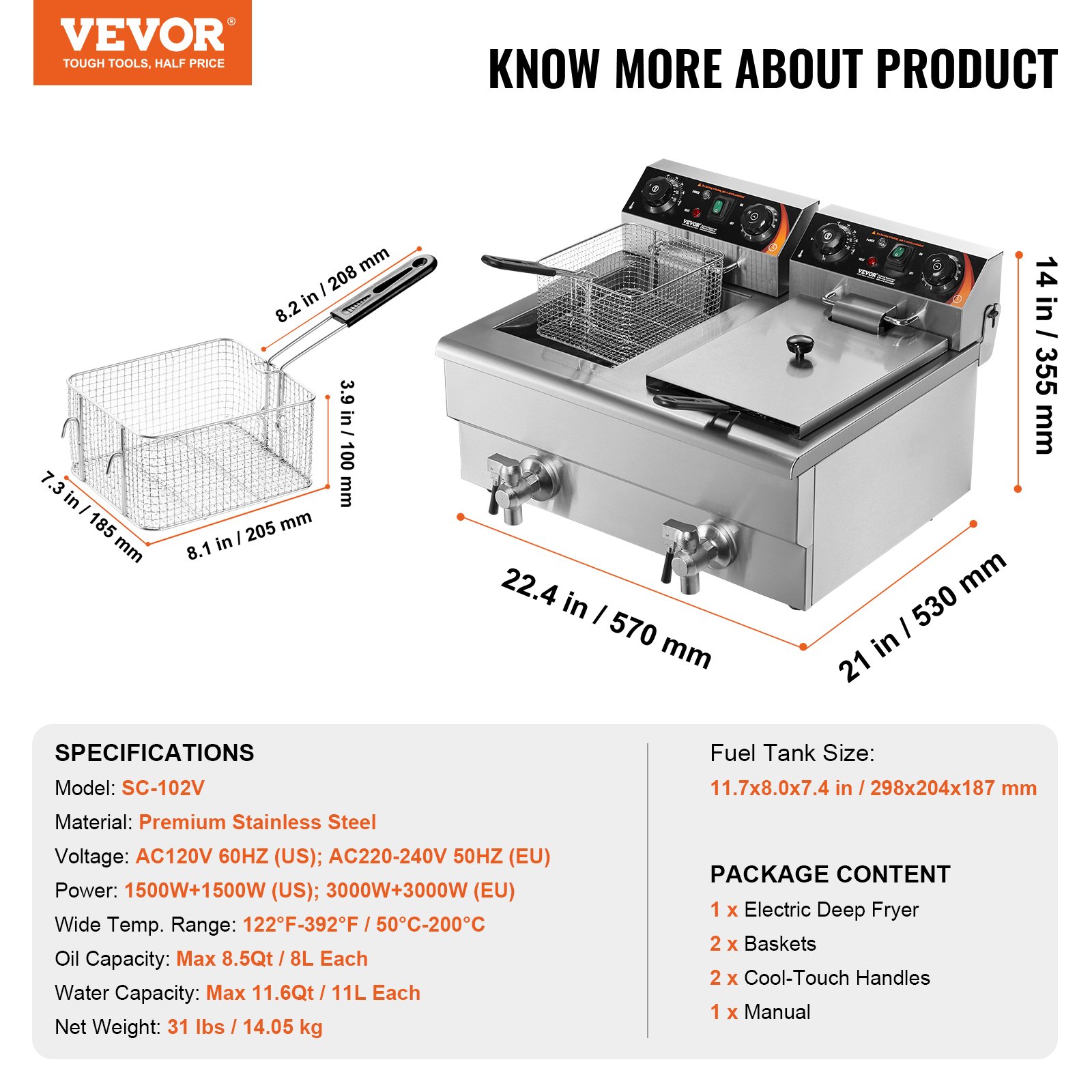 VEVOR Commercial Deep Fryer, Dual Tank 3000W Electric Countertop Fryer with Basket, 2 x 11.6Qt/11L Double Stainless Steel Oil Fryer with Oil Filtration, Time & Temp Control, for Kitchen Restaurant Use