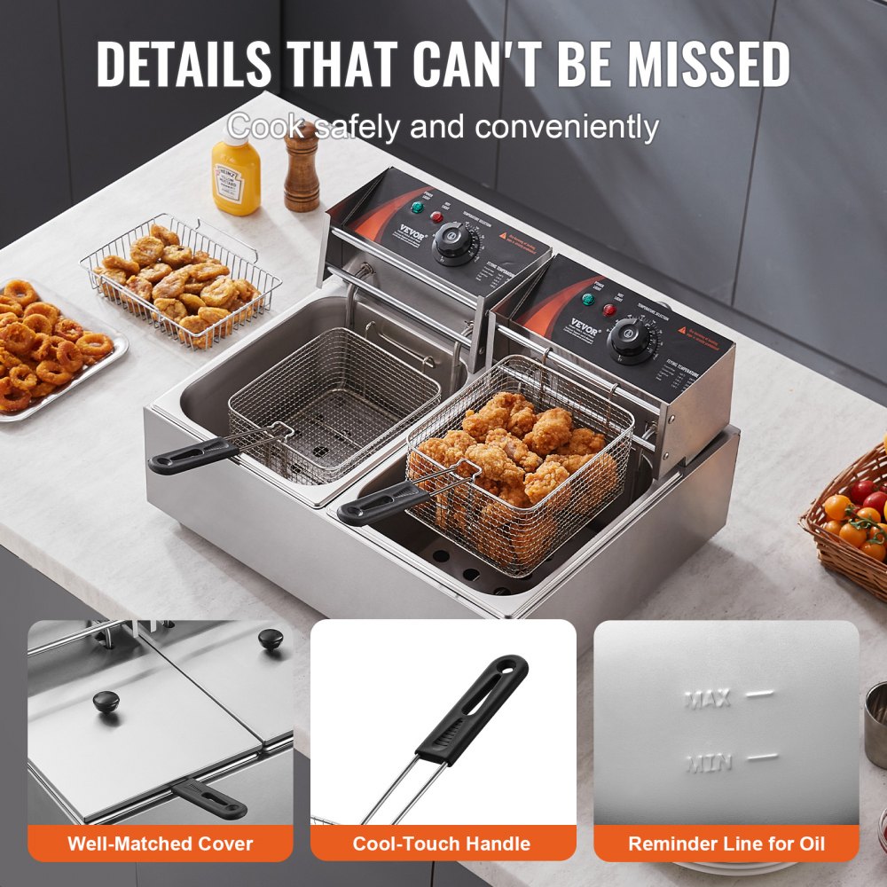 VEVOR Commercial Electric Deep Fryer, 24L Large Capacity Electric Countertop Fryer with Dual Removable Basket,  5000W Stainless Steel Dual Deep Fryer for Kitchen, Restaurant and Commercial Use, Silver