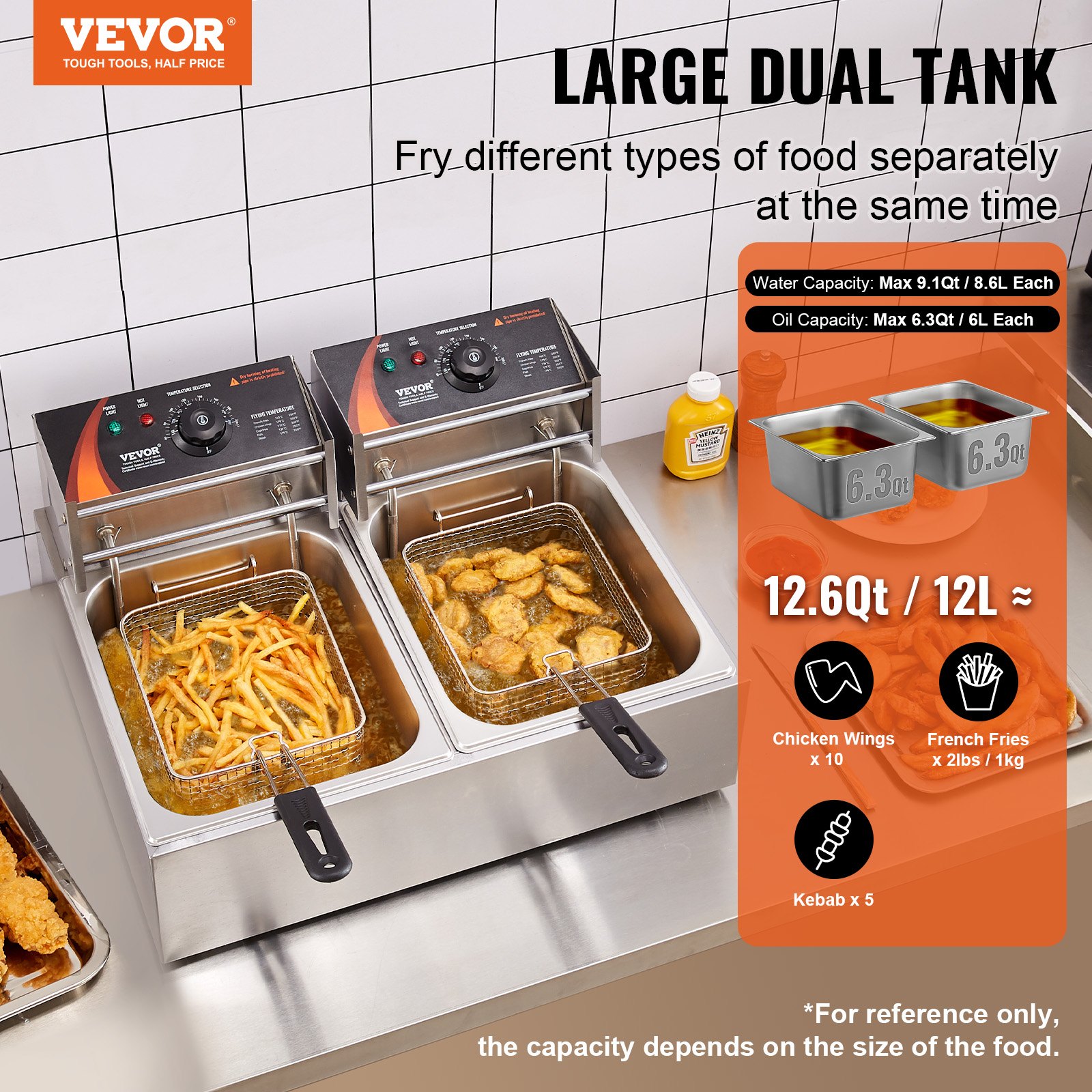 VEVOR Commercial Electric Deep Fryer, 24L Large Capacity Electric Countertop Fryer with Dual Removable Basket,  5000W Stainless Steel Dual Deep Fryer for Kitchen, Restaurant and Commercial Use, Silver