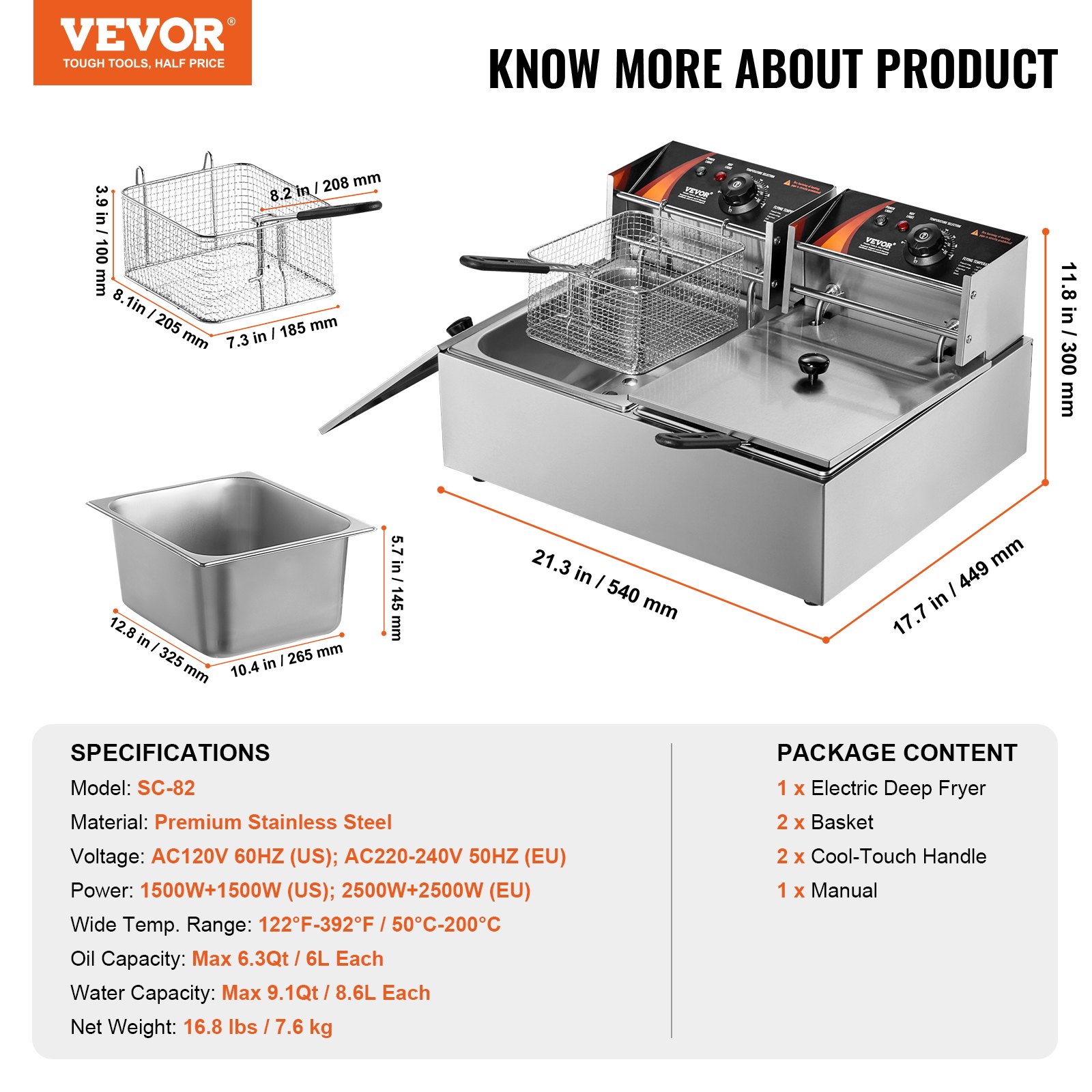 VEVOR Commercial Electric Deep Fryer, 24L Large Capacity Electric Countertop Fryer with Dual Removable Basket,  5000W Stainless Steel Dual Deep Fryer for Kitchen, Restaurant and Commercial Use, Silver