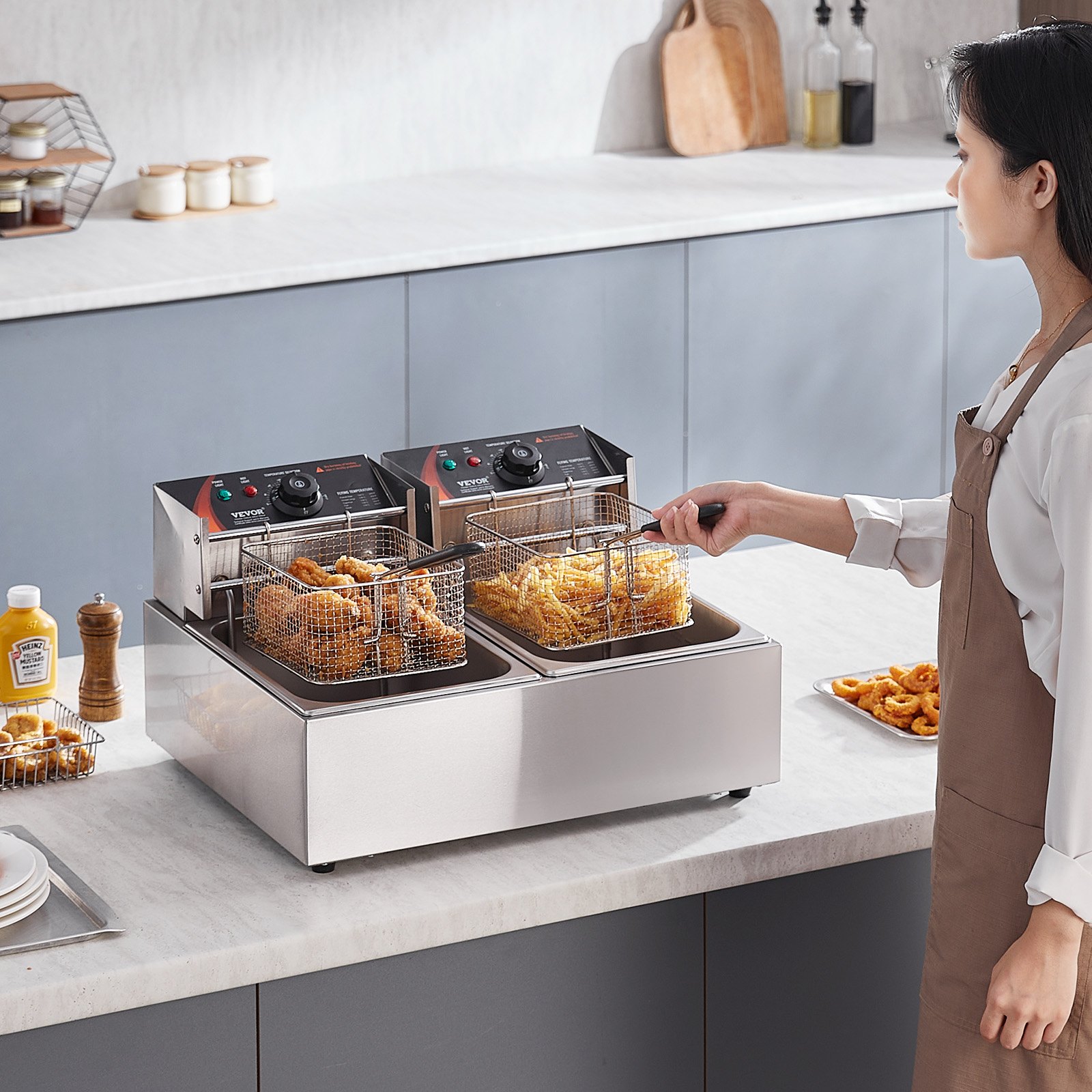 VEVOR Commercial Electric Deep Fryer, 24L Large Capacity Electric Countertop Fryer with Dual Removable Basket,  5000W Stainless Steel Dual Deep Fryer for Kitchen, Restaurant and Commercial Use, Silver