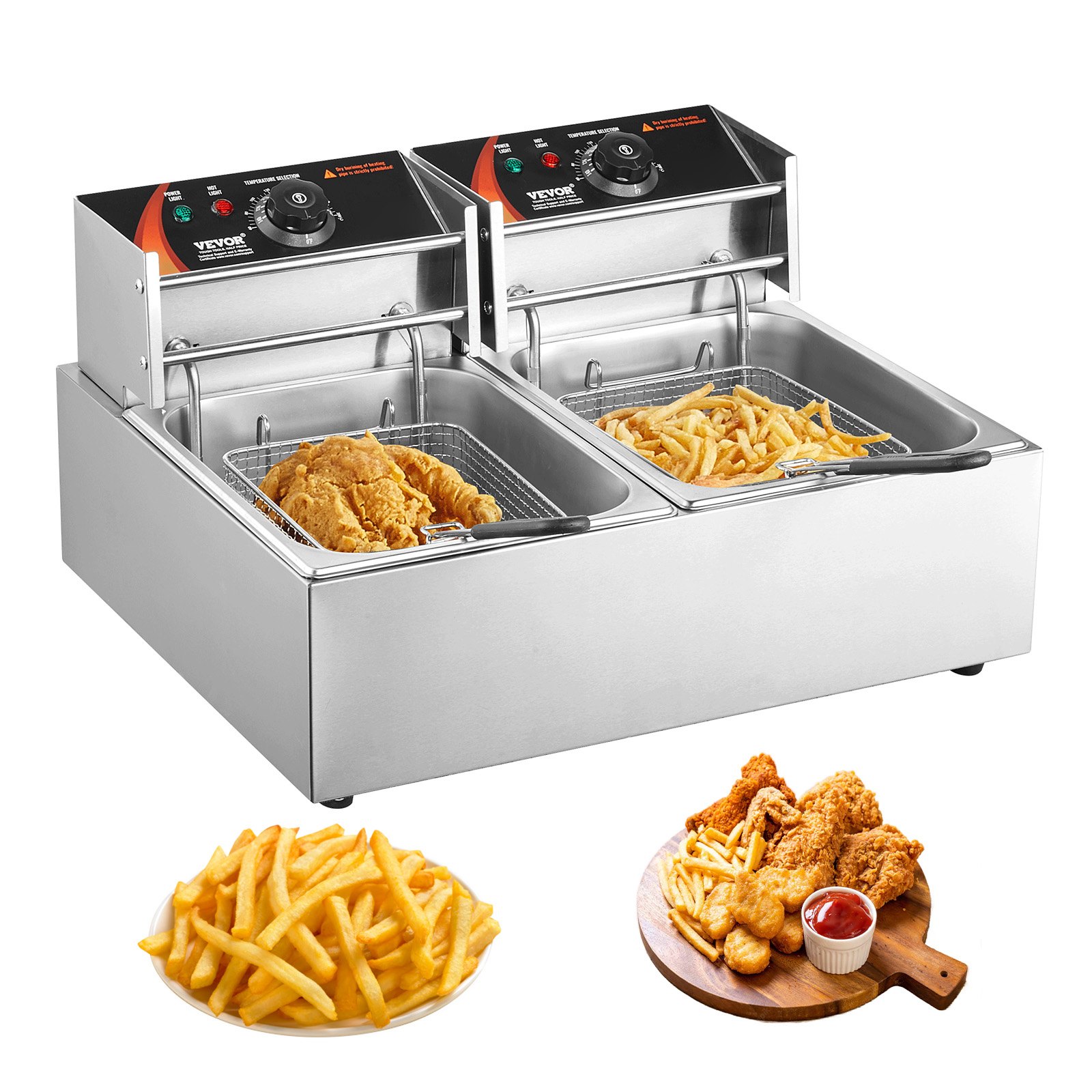 VEVOR Commercial Electric Deep Fryer, 24L Large Capacity Electric Countertop Fryer with Dual Removable Basket,  5000W Stainless Steel Dual Deep Fryer for Kitchen, Restaurant and Commercial Use, Silver