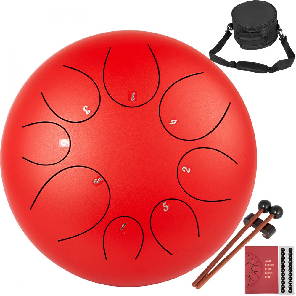 VEVOR Steel Tongue Drum - 8 Notes 8 inches - Percussion Instrument - Handpan Drum with Bag, Book, Mallets, Finger Picks (Red)