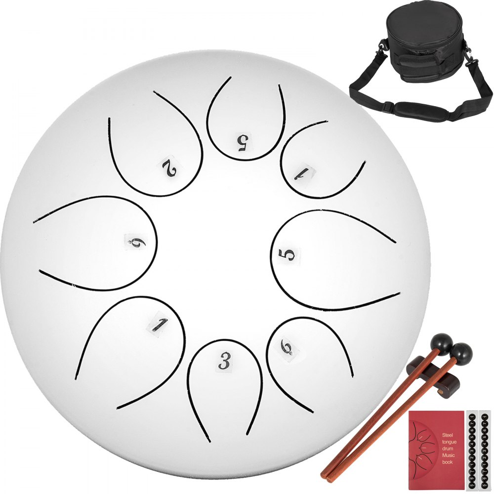 VEVOR Steel Tongue Drum 8 Notes 8 inches Mini Tongue Drum White Handpan Drum Notes Percussion Instrument Steel Drums Instruments with Bag, Music Book, Mallets, Mallet Bracket